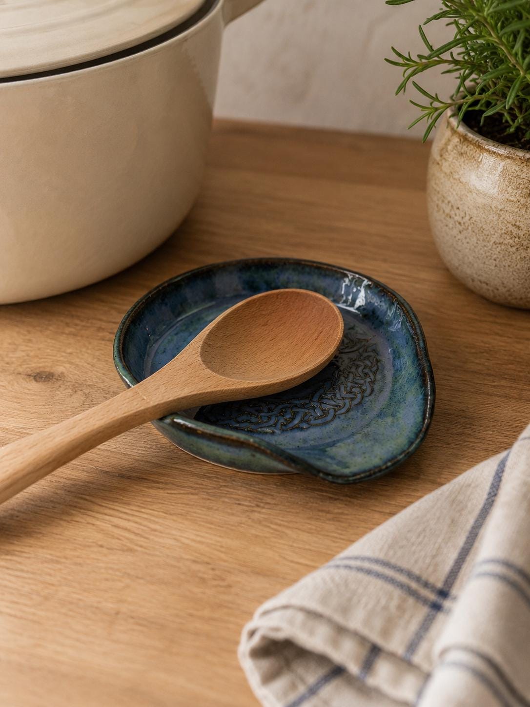 Handmade Ceramic Spoon holder: Celtic Design, blue - Image 2
