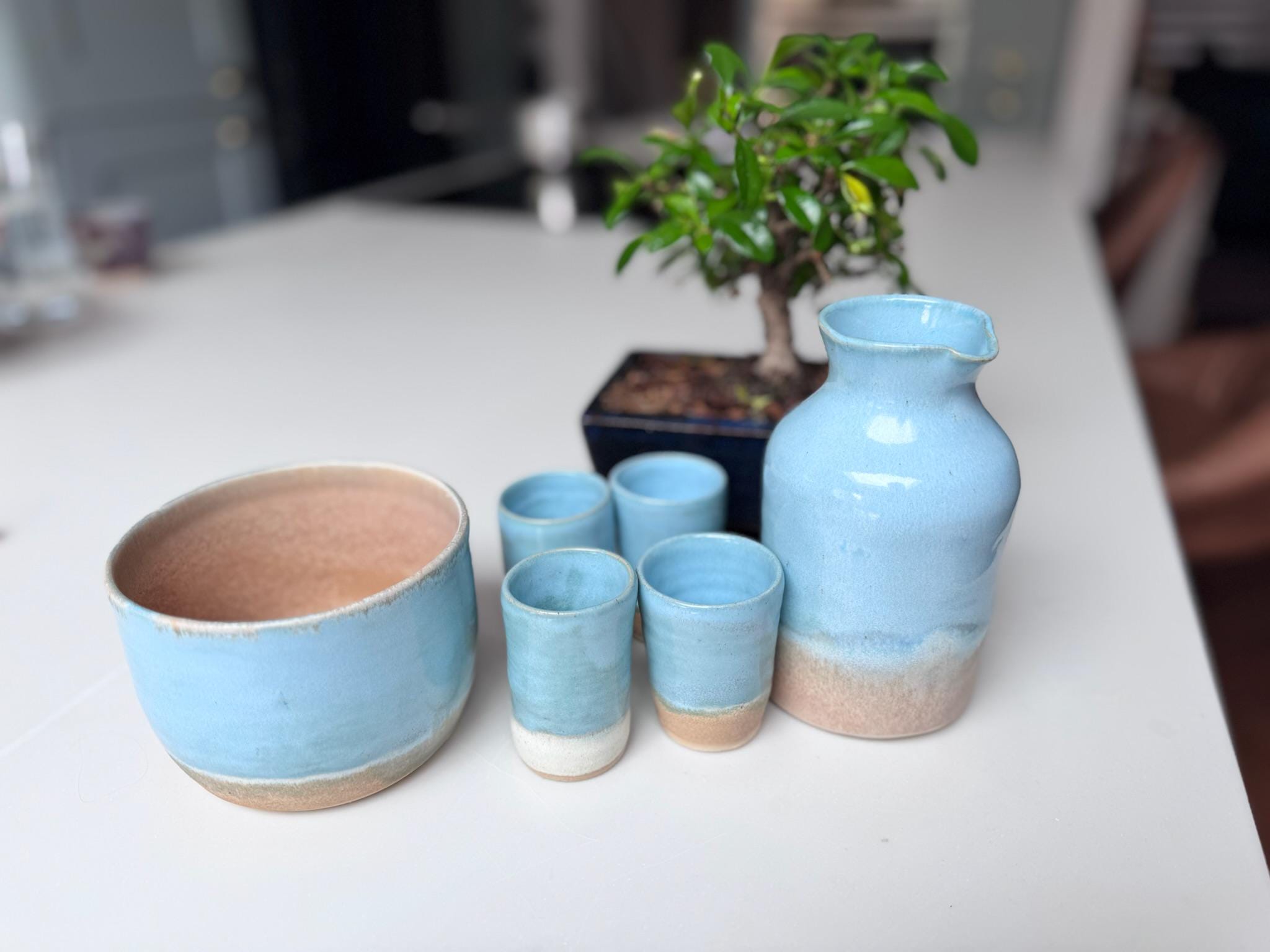 Handmade Japanese-Style Sake Set with Warmer, 4 Cups & Serving Jug, Blue Stoneware - Image 2