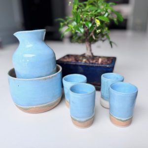 Handmade Japanese-Style Sake Set with Warmer, 4 Cups & Serving Jug, Blue Stoneware