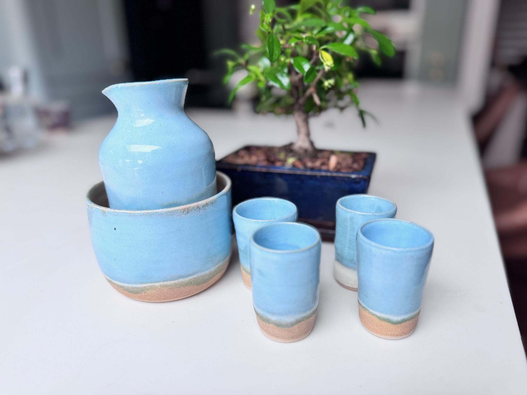 Handmade Japanese-Style Sake Set with Warmer, 4 Cups & Serving Jug, Blue Stoneware