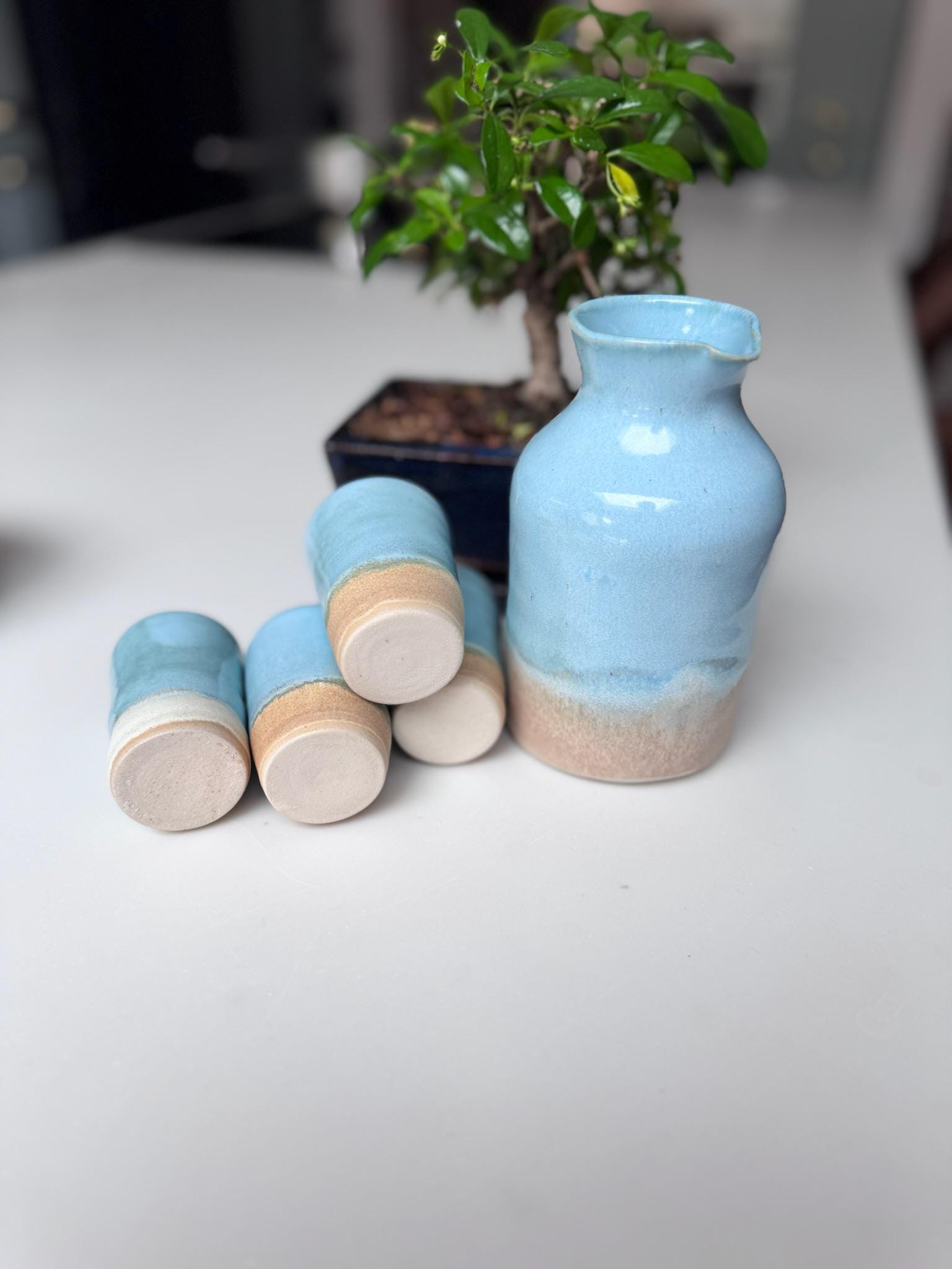 Handmade Japanese-Style Sake Set with Warmer, 4 Cups & Serving Jug, Blue Stoneware - Image 7