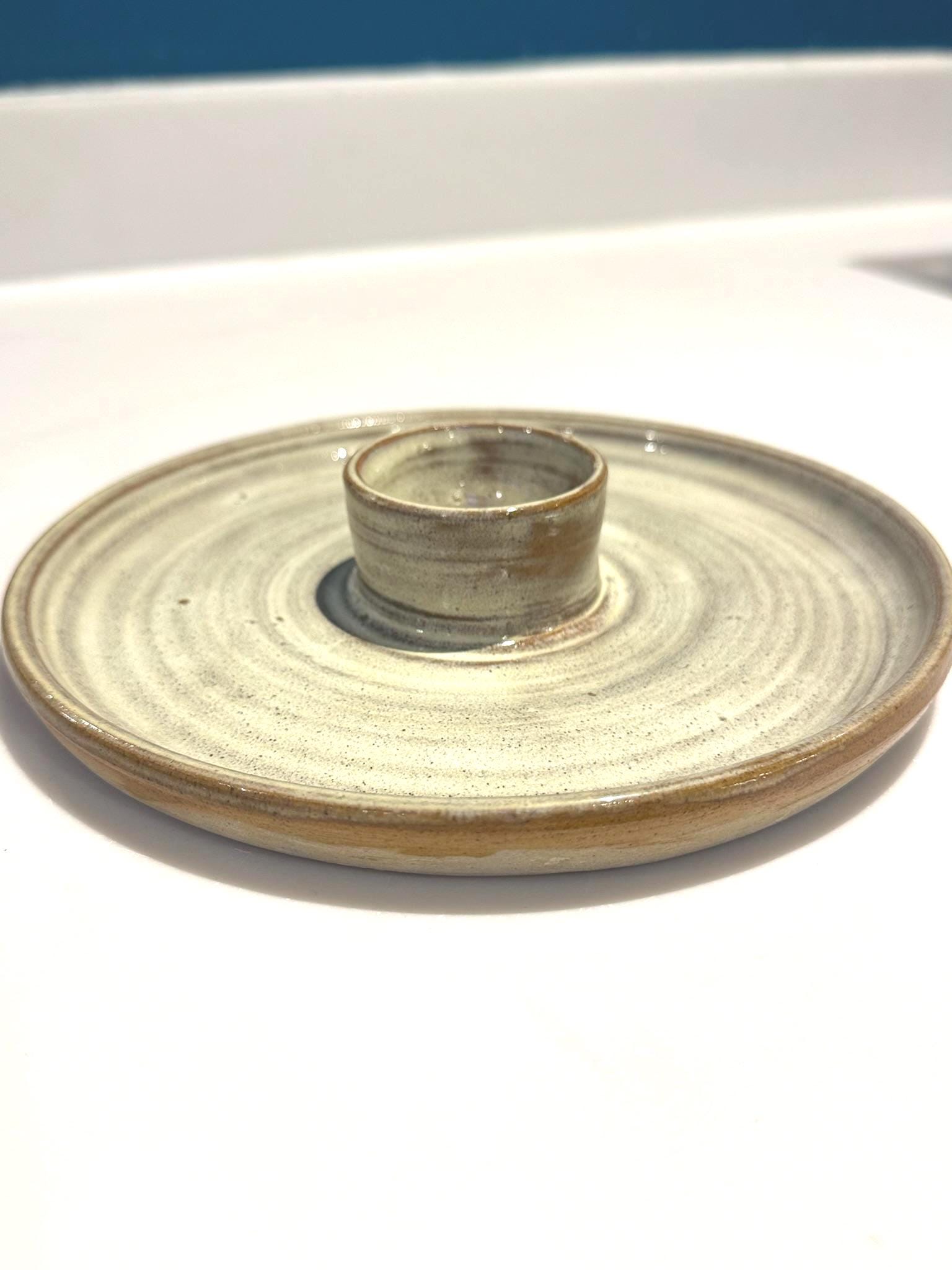 Handmade Ceramic Egg Cup & Toast Soldier Plate, Cream Stoneware Breakfast Egg Holder