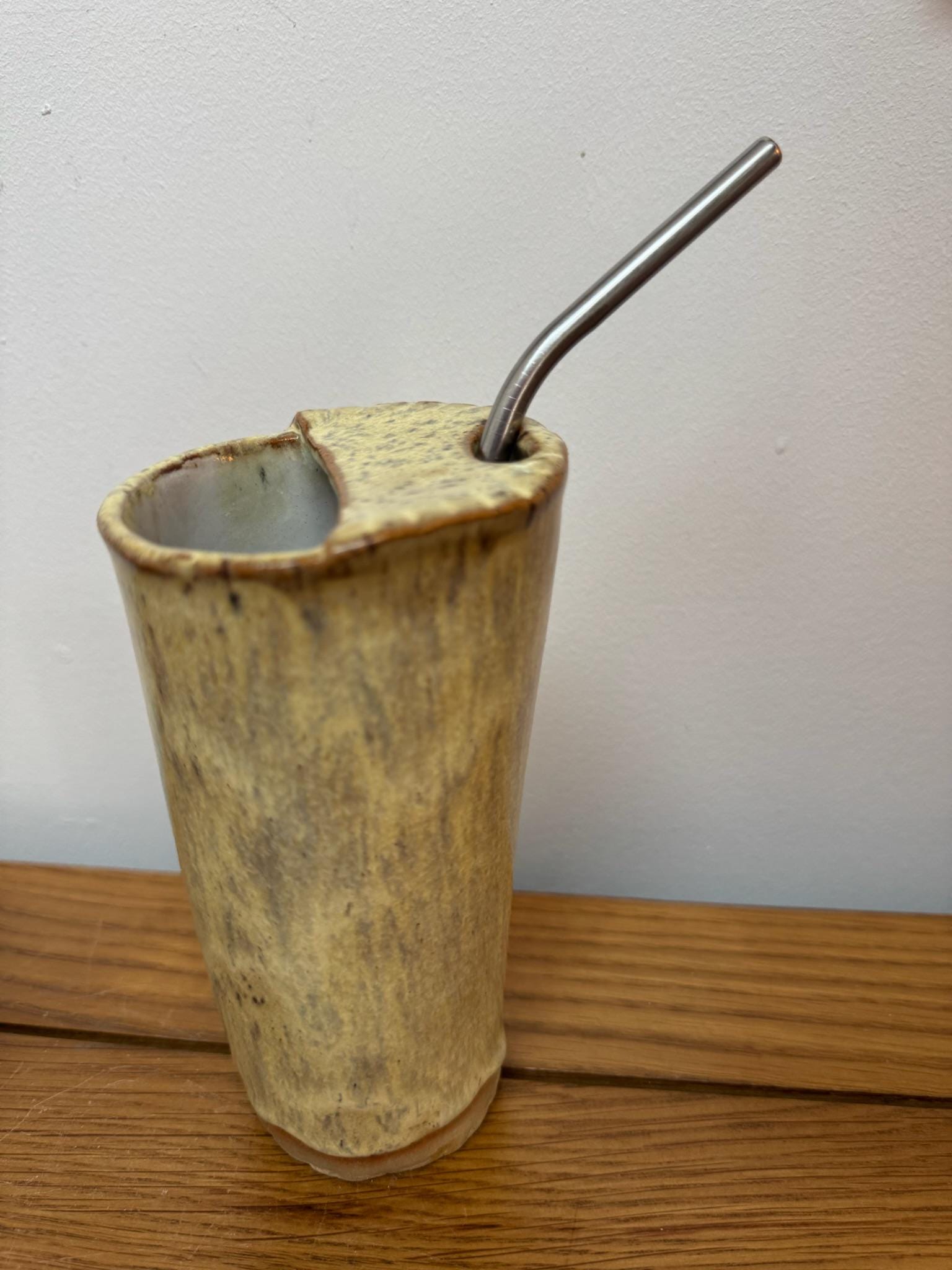 Travel Mug with Metal Straw, Cotswolds Pottery, hot chocolate water smoothie cup - Image 3