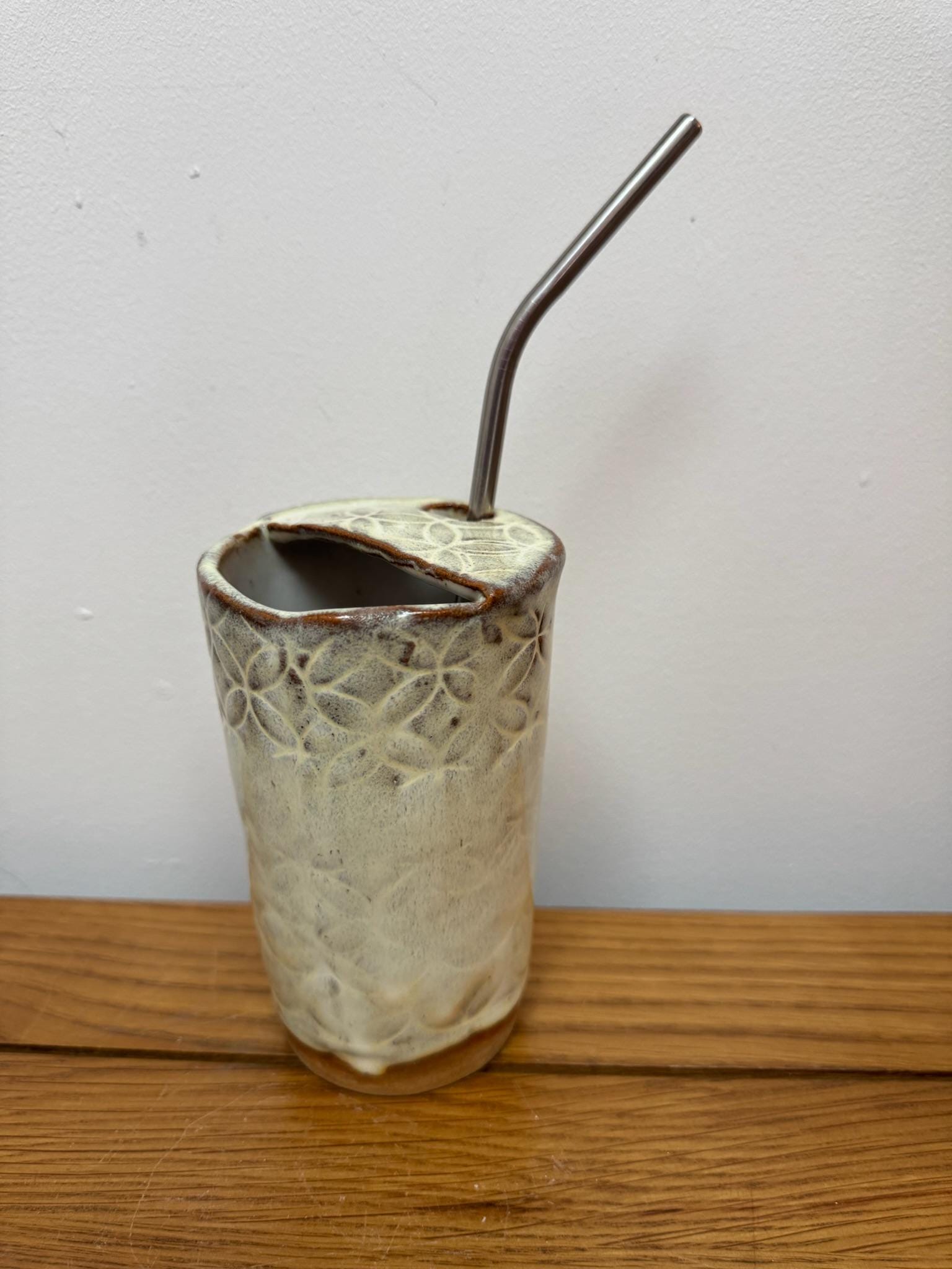 Handcrafted Pottery Travel Mug with Metal Straw, Rustic Reusable Coffee Cup - Image 2
