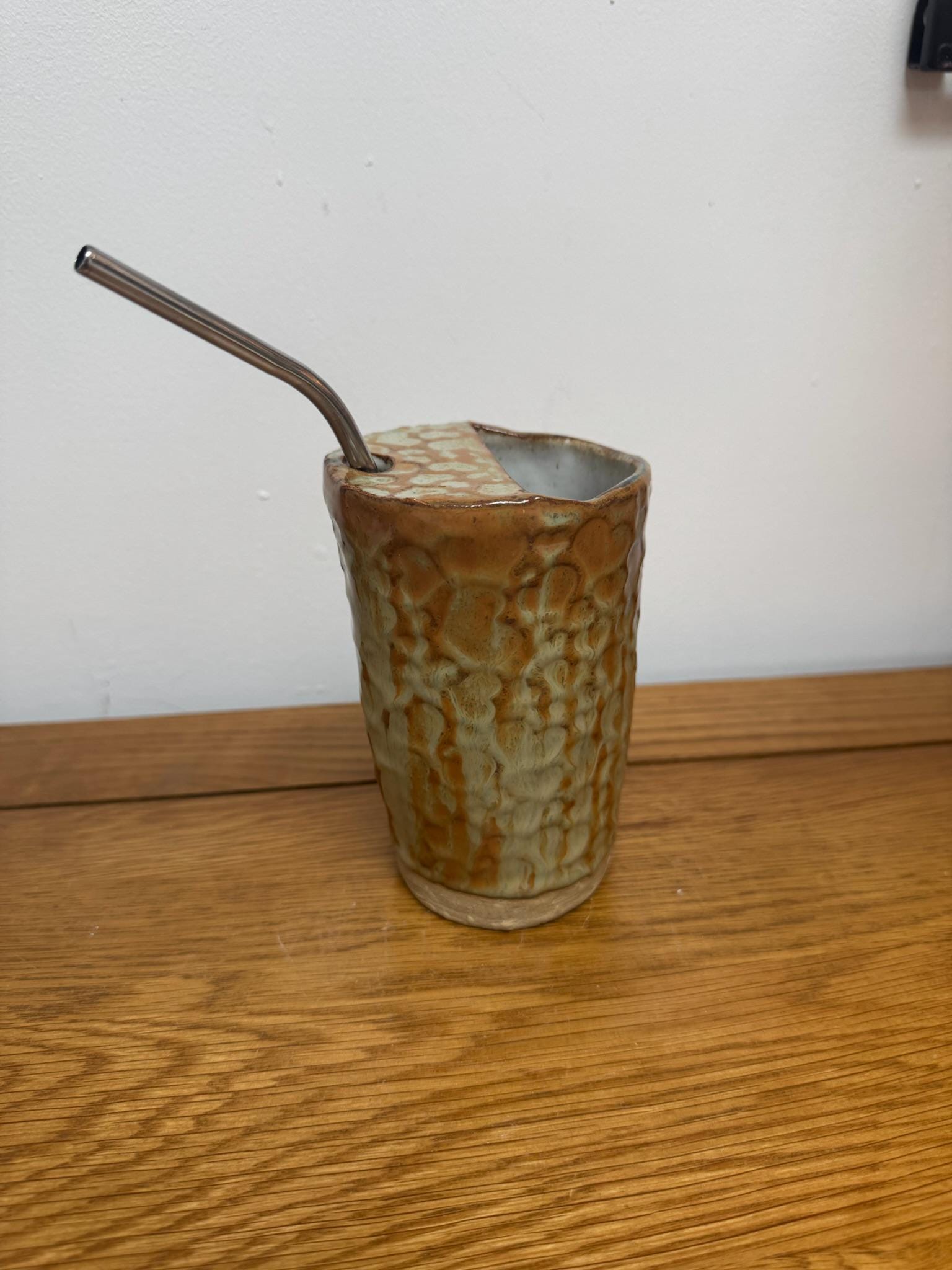 Metal Straw and big coffee cup, reusable, eco freindly, Brown Beige Glaze - Image 4