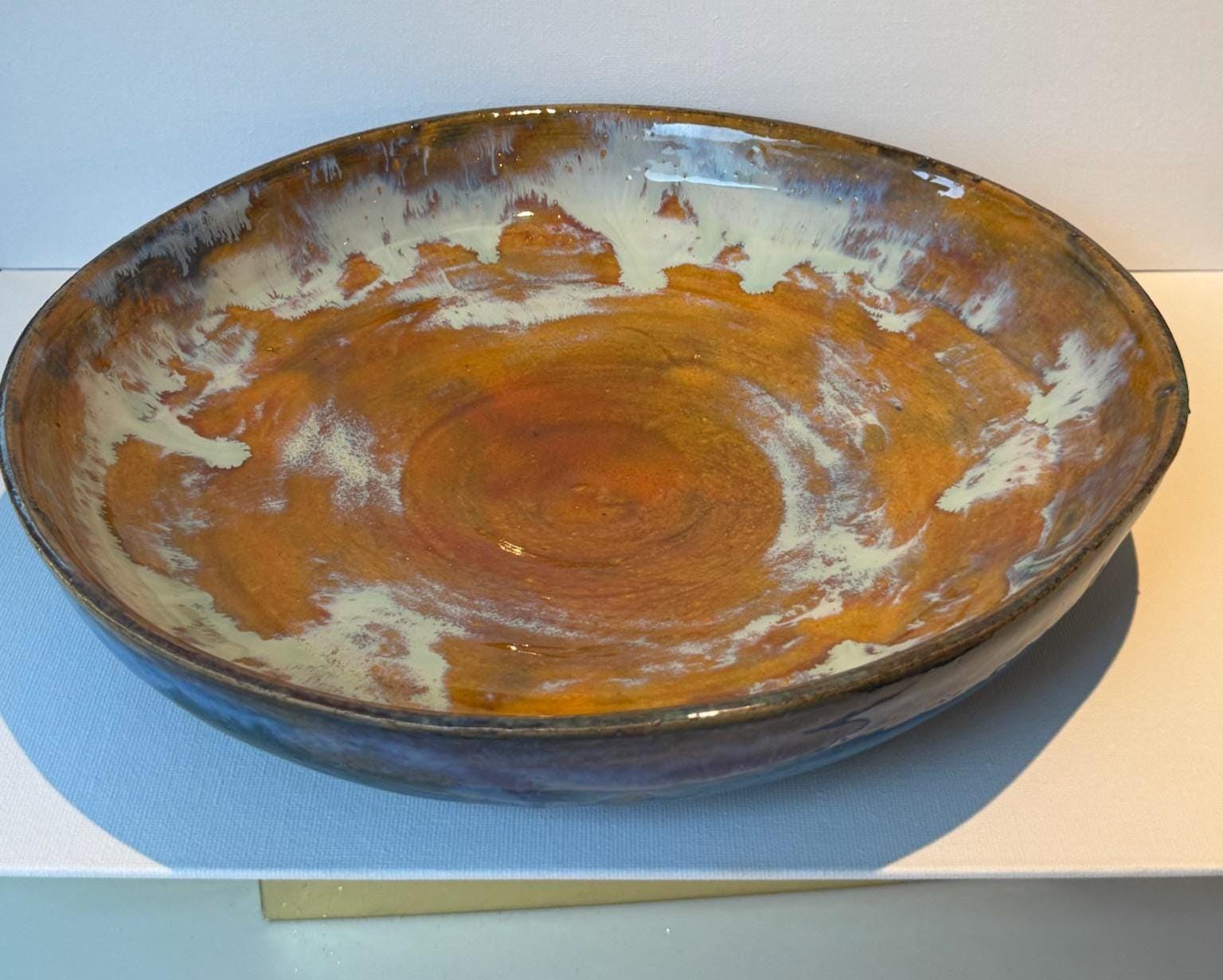 Hand Thrown Deep Orange/Blue Ceramic Bowl: Stoneware Pottery