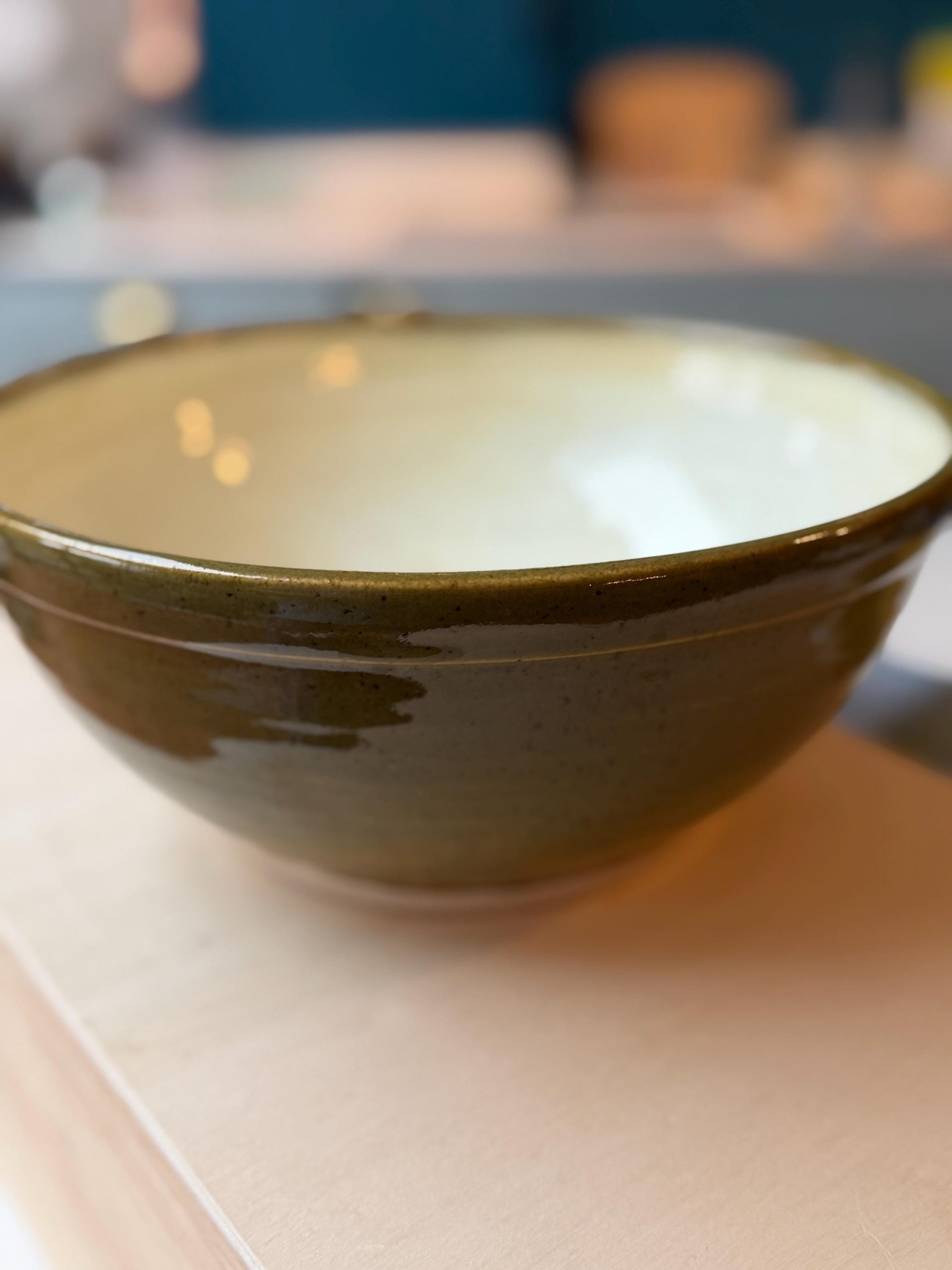 Hand Thrown Stoneware Ceramic Kitchen Mixing Bowls: Green and Cream Pottery - 1.2, 1.5, & 3 liter - Image 5