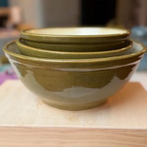 Hand Thrown Stoneware Ceramic Kitchen Mixing Bowls: Green and Cream Pottery - 1.2, 1.5, & 3 liter