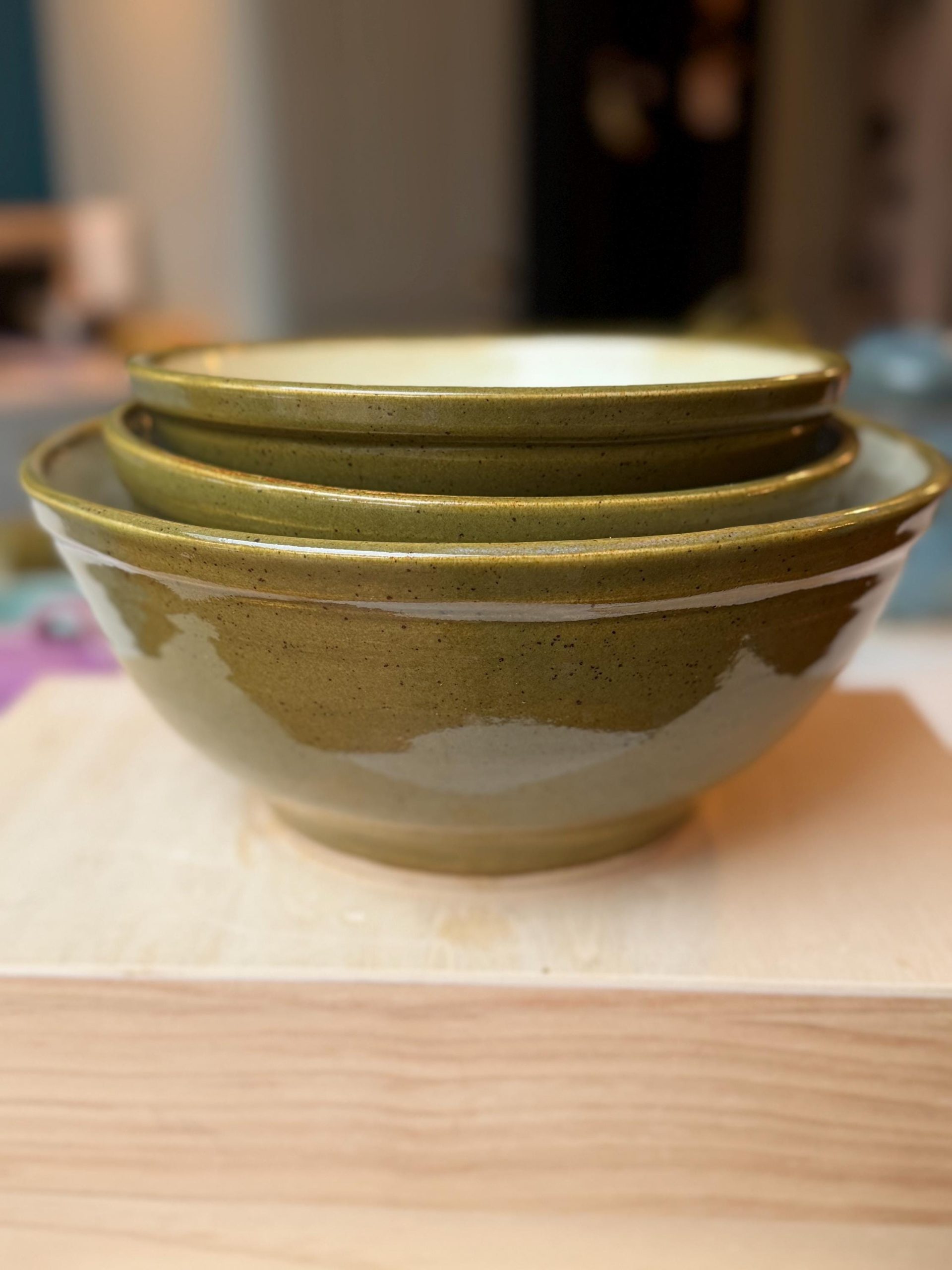 Hand Thrown Stoneware Ceramic Kitchen Mixing Bowls: Green and Cream Pottery - 1.2, 1.5, & 3 liter