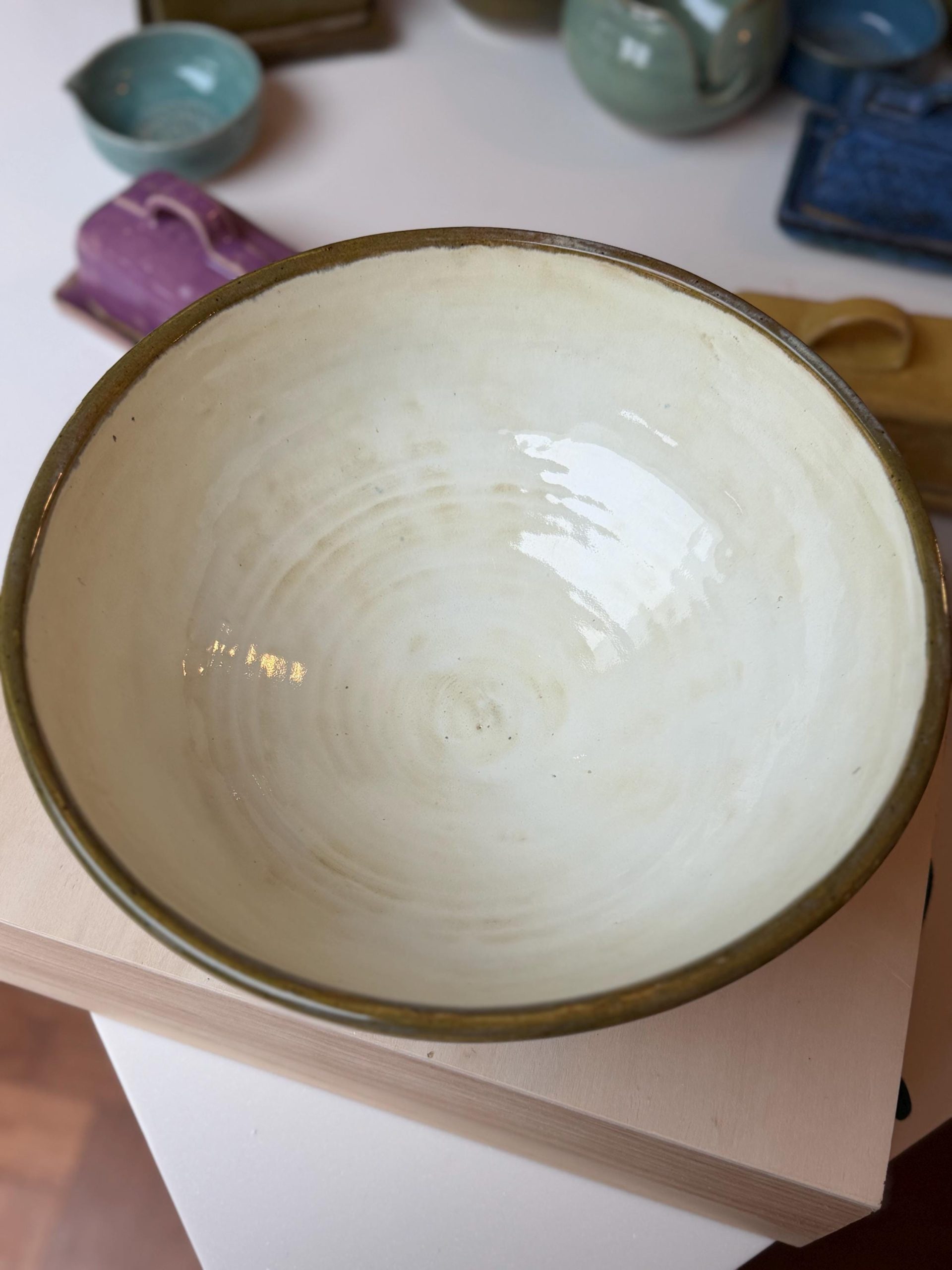 Hand Thrown Stoneware Ceramic Kitchen Mixing Bowls: Green and Cream Pottery - 1.2, 1.5, & 3 liter - Image 11