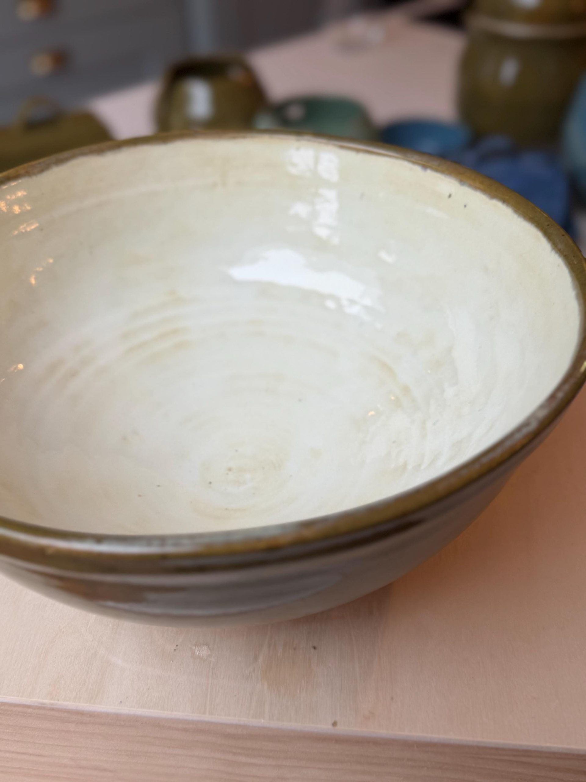 Hand Thrown Stoneware Ceramic Kitchen Mixing Bowls: Green and Cream Pottery - 1.2, 1.5, & 3 liter - Image 9