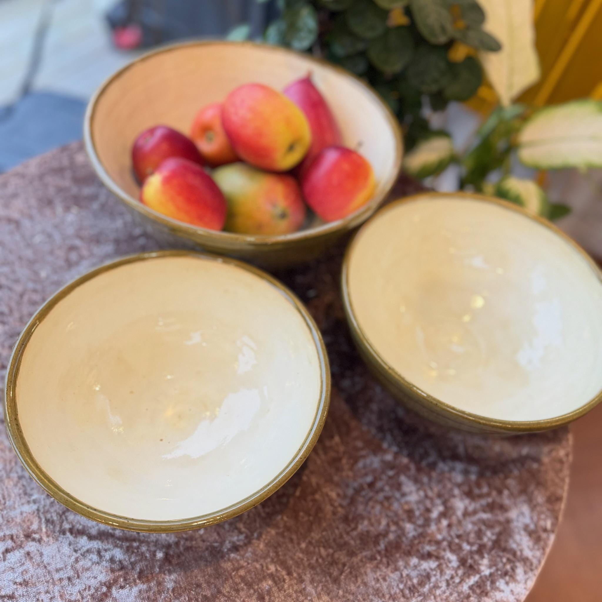 Hand Thrown Stoneware Ceramic Kitchen Mixing Bowls: Green and Cream Pottery - 1.2, 1.5, & 3 liter - Image 3