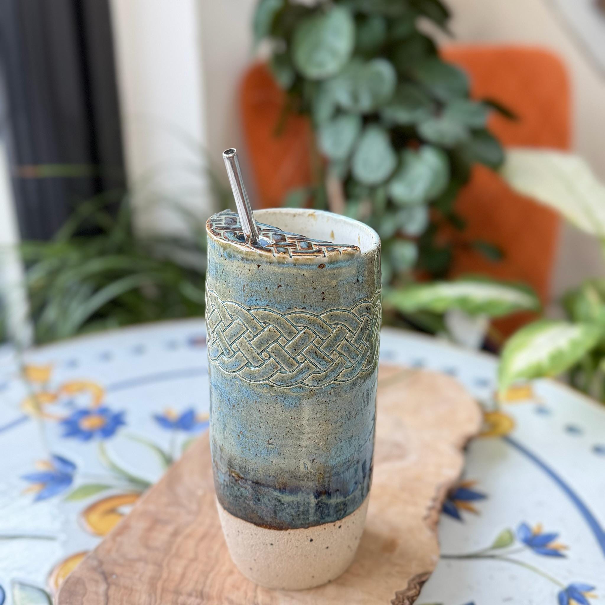 Celtic Knot Handmade Ceramic Travel Mug, Blue Stoneware Cup with Reusable Metal Straw - Image 3