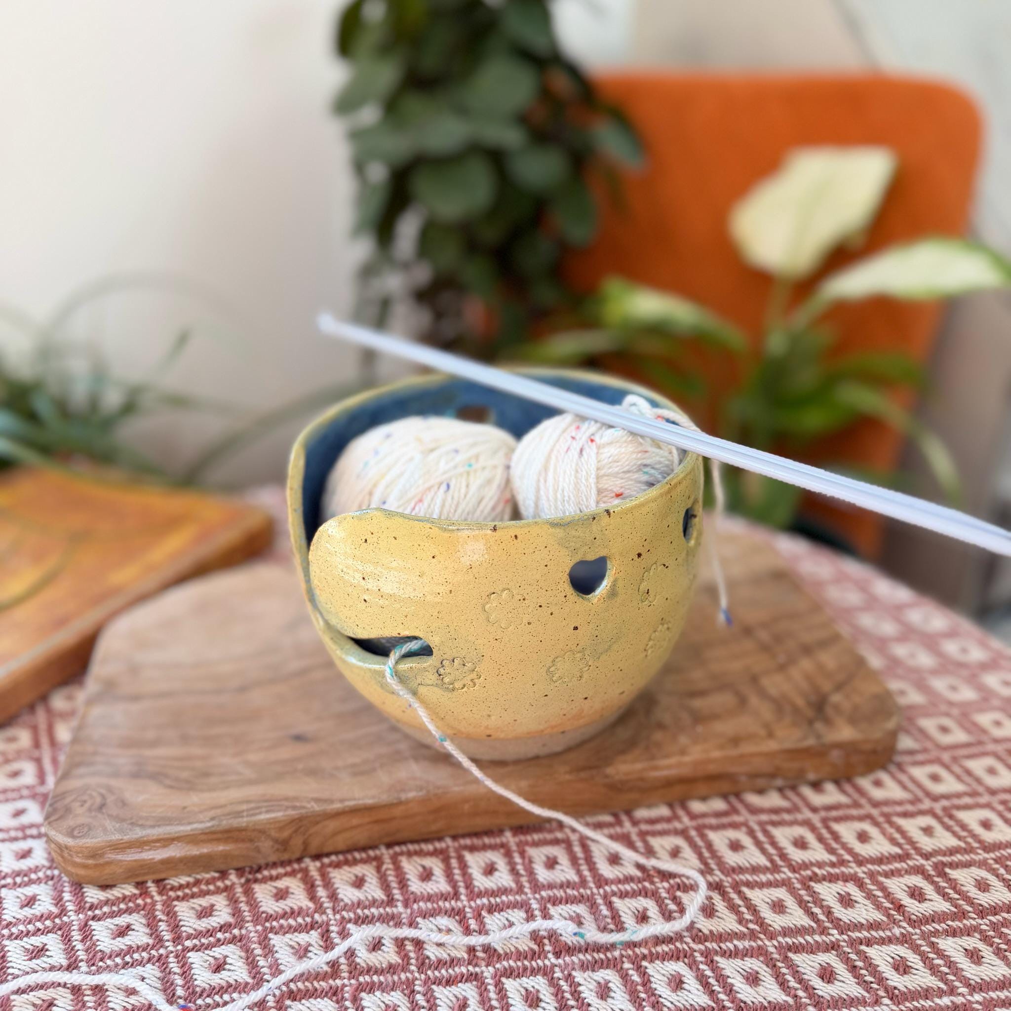 Handmade Yarn Bowl, Yellow & Blue Ceramic Knitting Bowl with Heart and Flower Design - Image 2