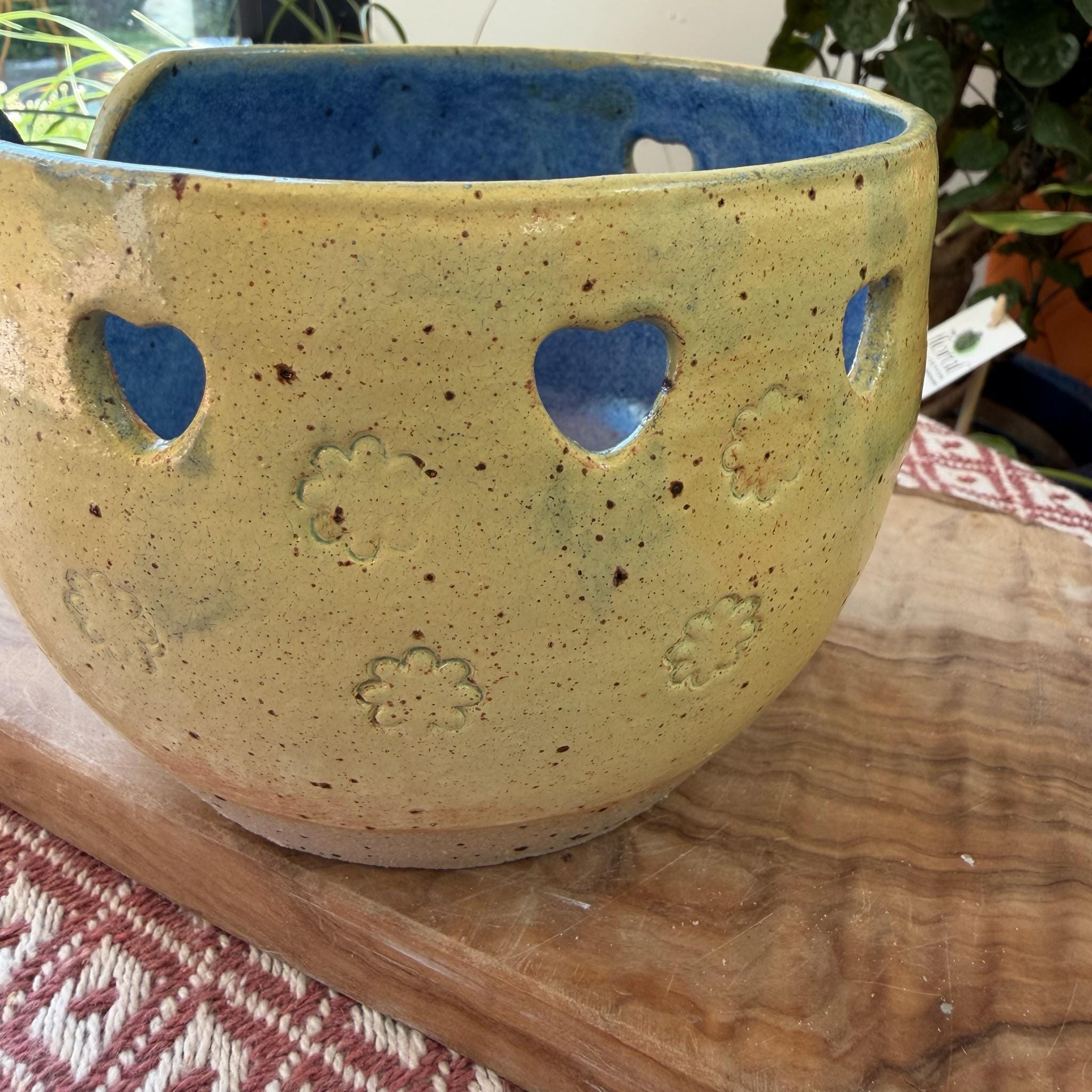 Handmade Yarn Bowl, Yellow & Blue Ceramic Knitting Bowl with Heart and Flower Design - Image 4
