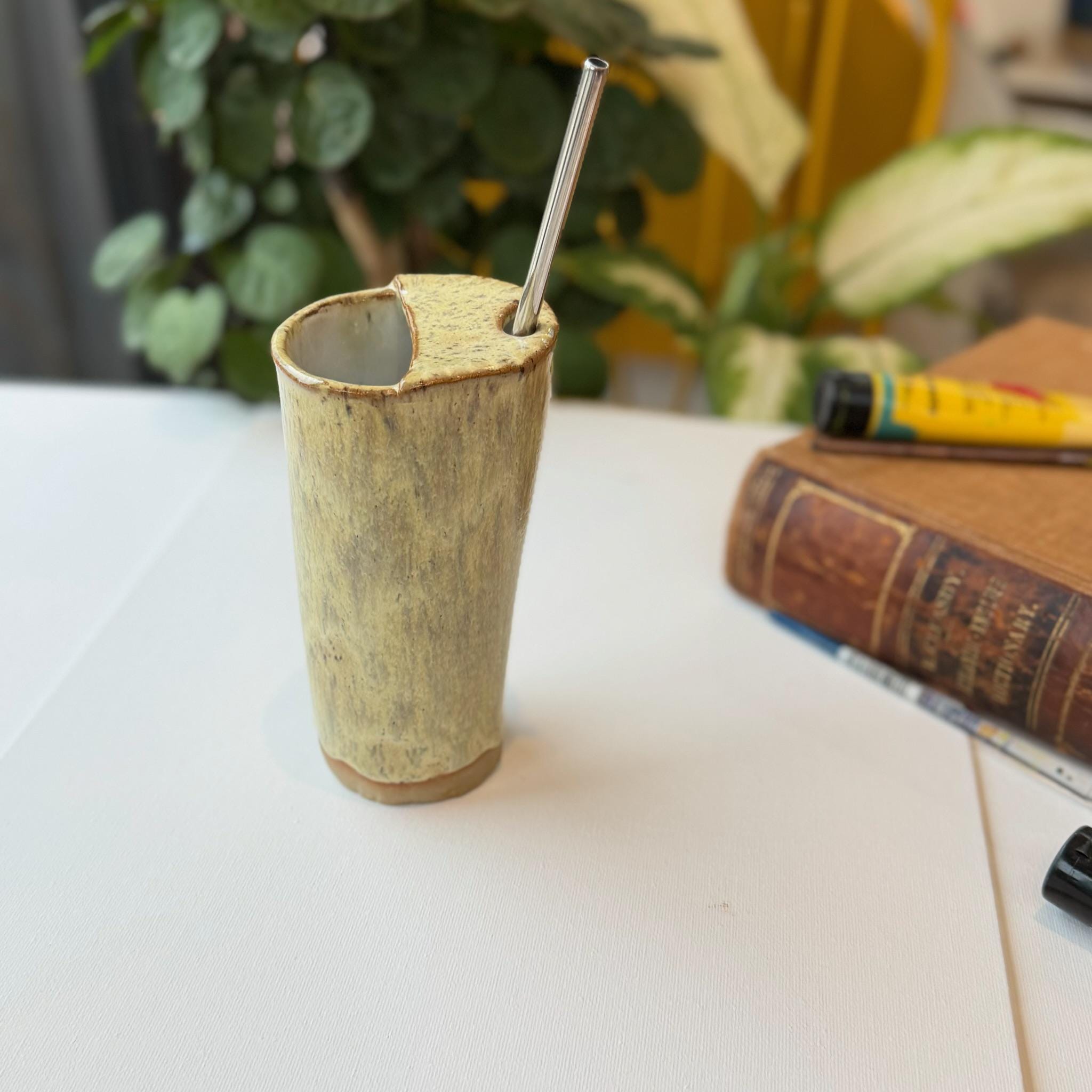 Travel Mug with Metal Straw, Cotswolds Pottery, hot chocolate water smoothie cup