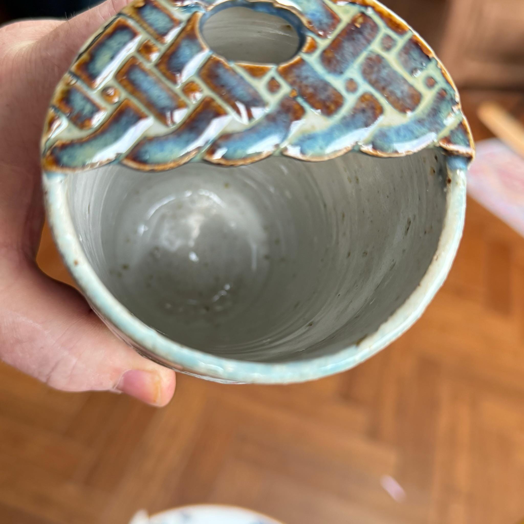 Celtic Knot Handmade Ceramic Travel Mug, Blue Stoneware Cup with Reusable Metal Straw - Image 6