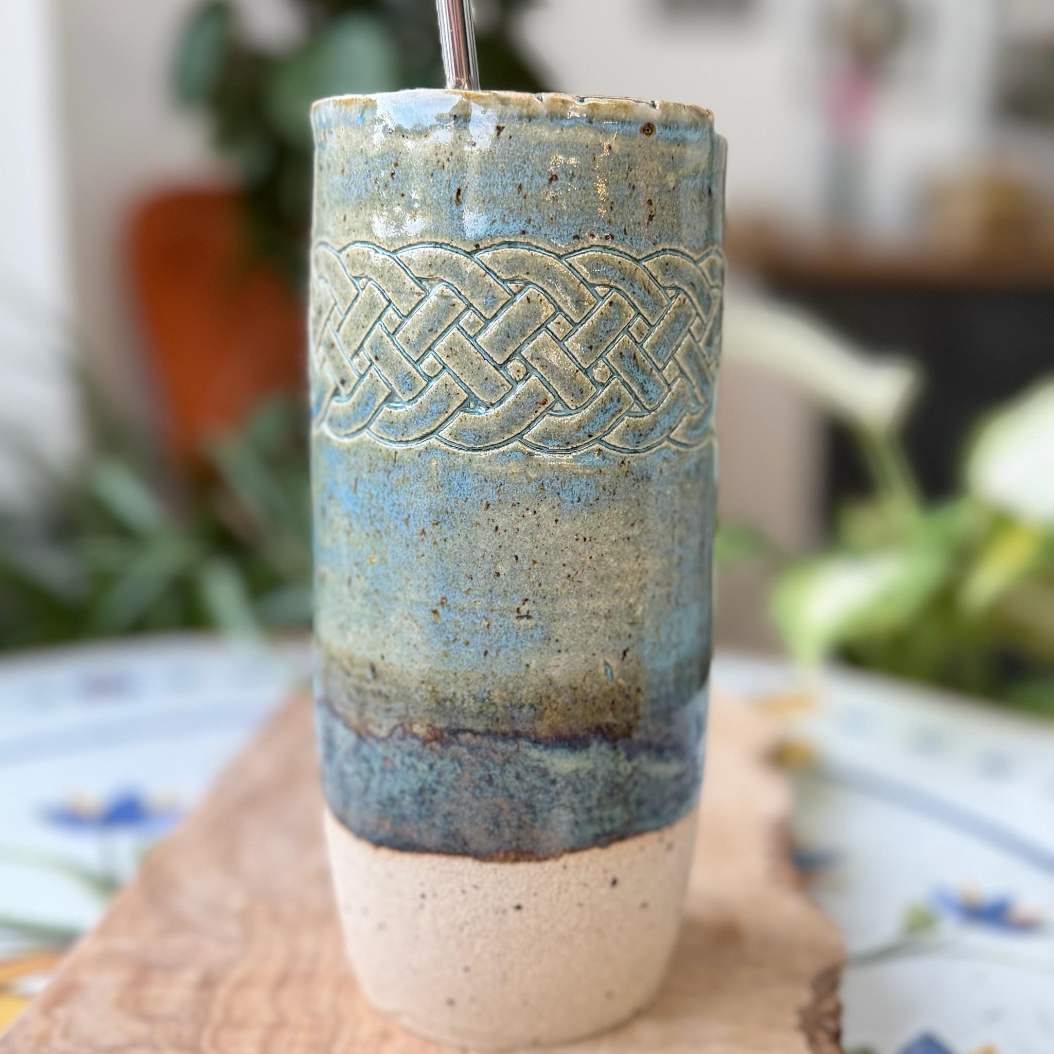 Celtic Knot Handmade Ceramic Travel Mug, Blue Stoneware Cup with Reusable Metal Straw - Image 4