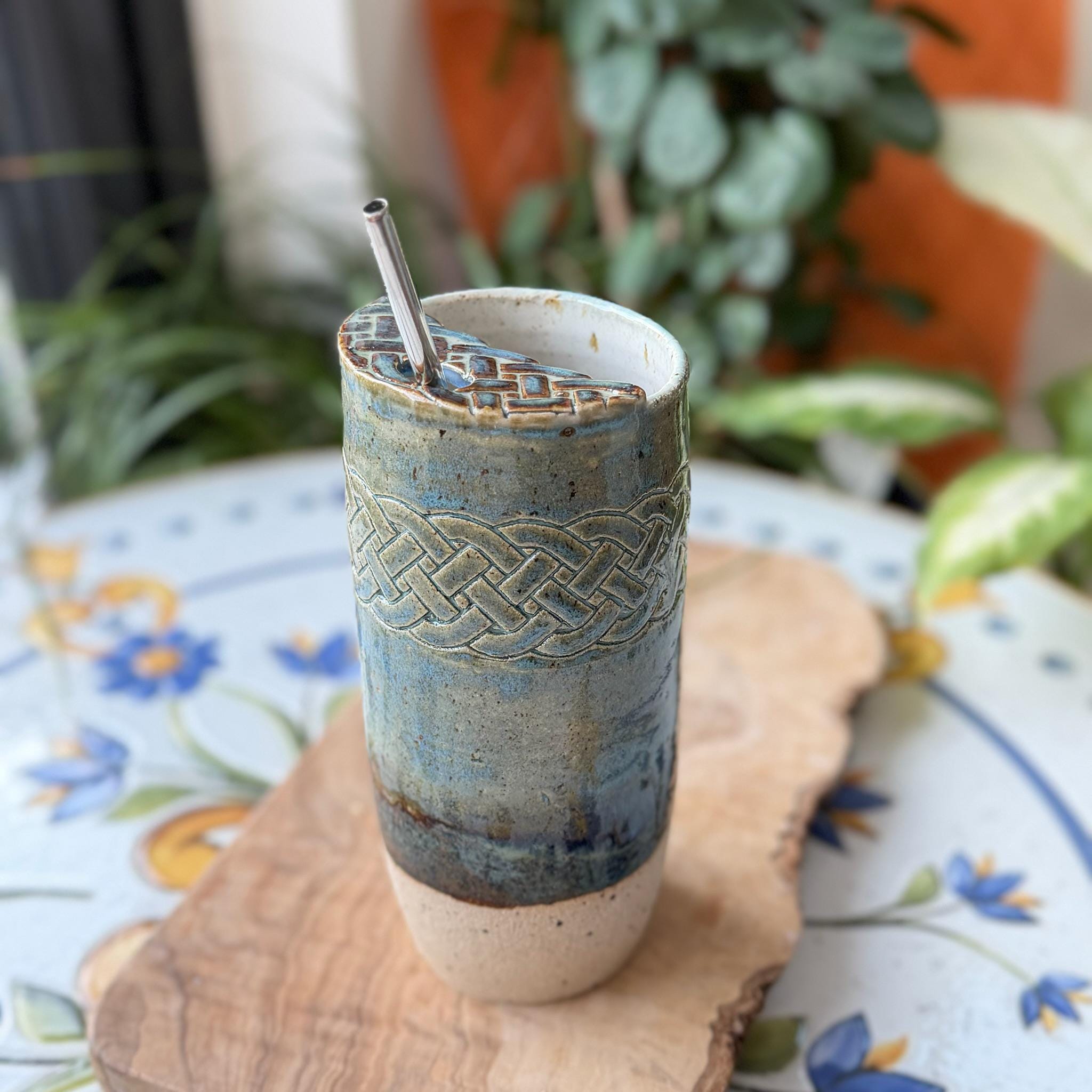 Celtic Knot Handmade Ceramic Travel Mug, Blue Stoneware Cup with Reusable Metal Straw - Image 2