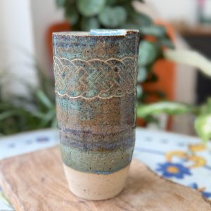 Celtic Knot Ceramic Travel Mug, Handmade Stoneware Coffee Cup with Metal Straw
