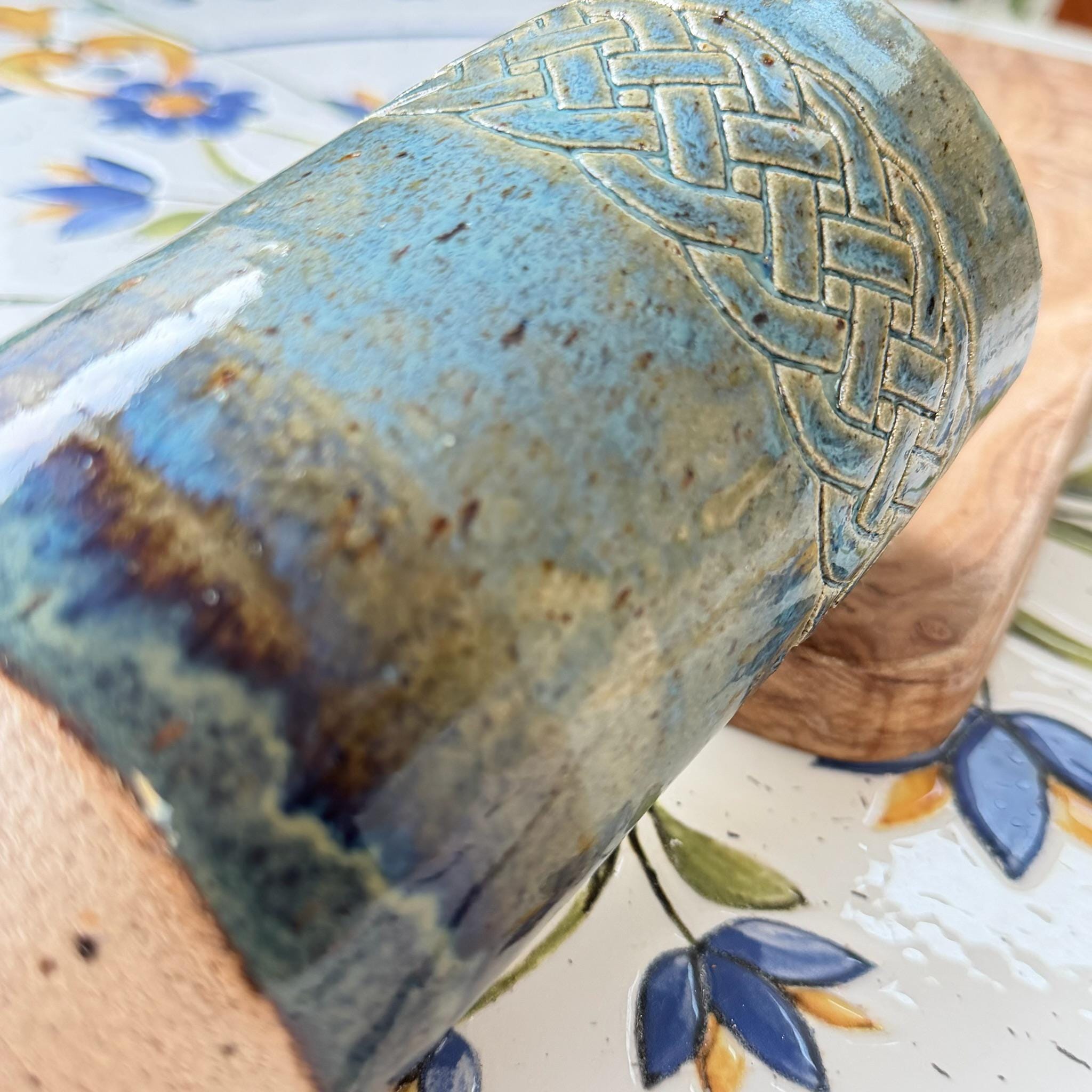 Celtic Knot Handmade Ceramic Travel Mug, Blue Stoneware Cup with Reusable Metal Straw - Image 11