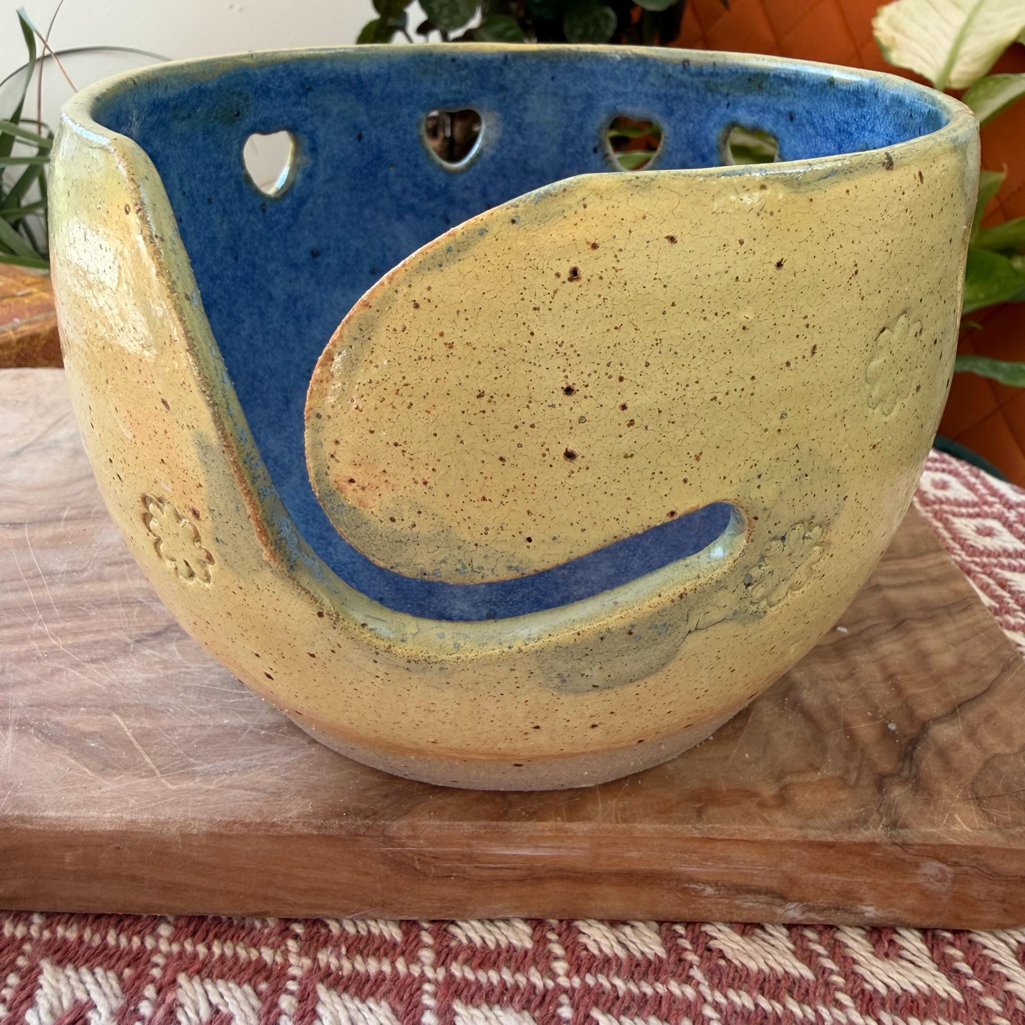 Handmade Yarn Bowl, Yellow & Blue Ceramic Knitting Bowl with Heart and Flower Design - Image 3