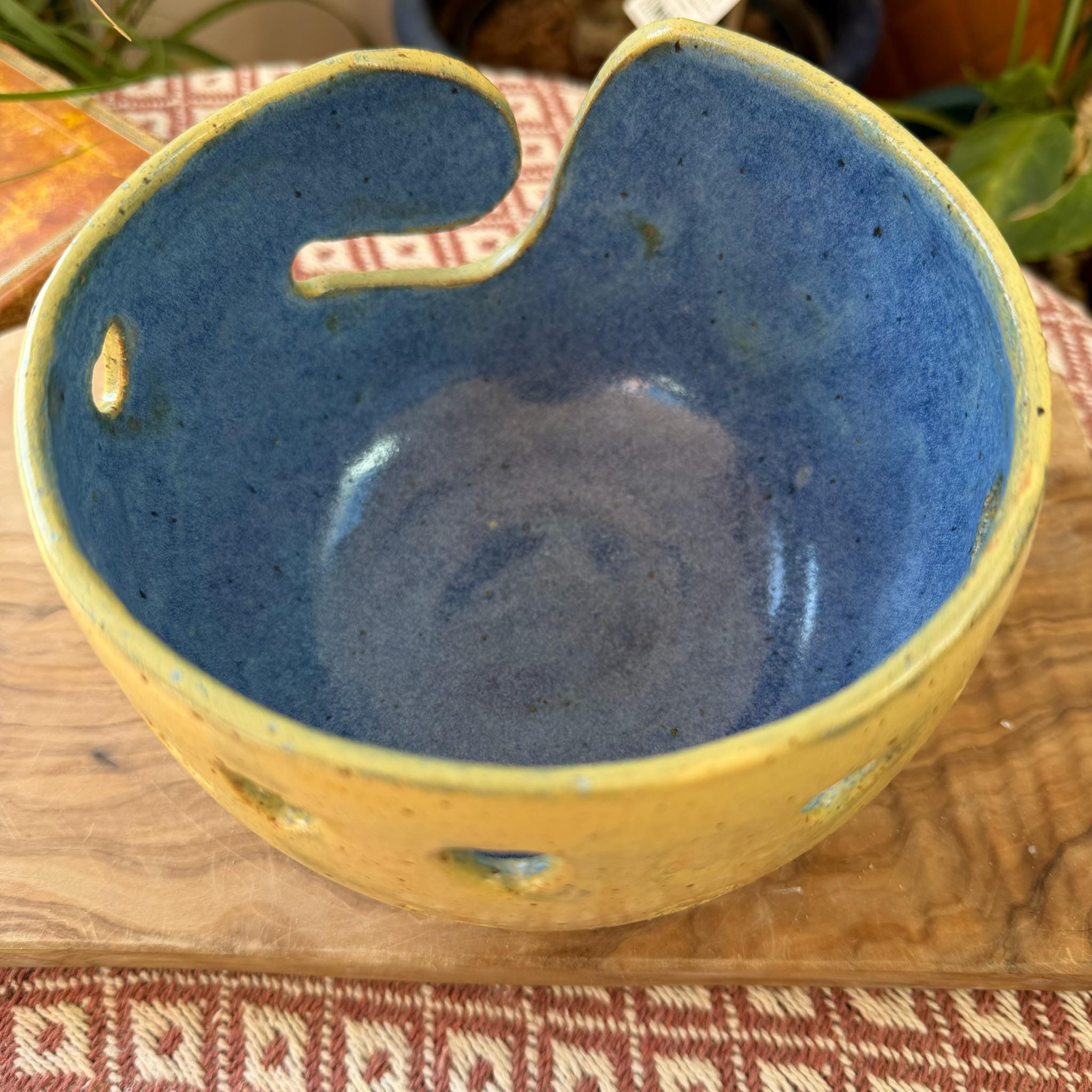 Handmade Yarn Bowl, Yellow & Blue Ceramic Knitting Bowl with Heart and Flower Design - Image 6