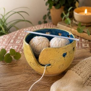 Handmade Yarn Bowl, Yellow & Blue Ceramic Knitting Bowl with Heart and Flower Design