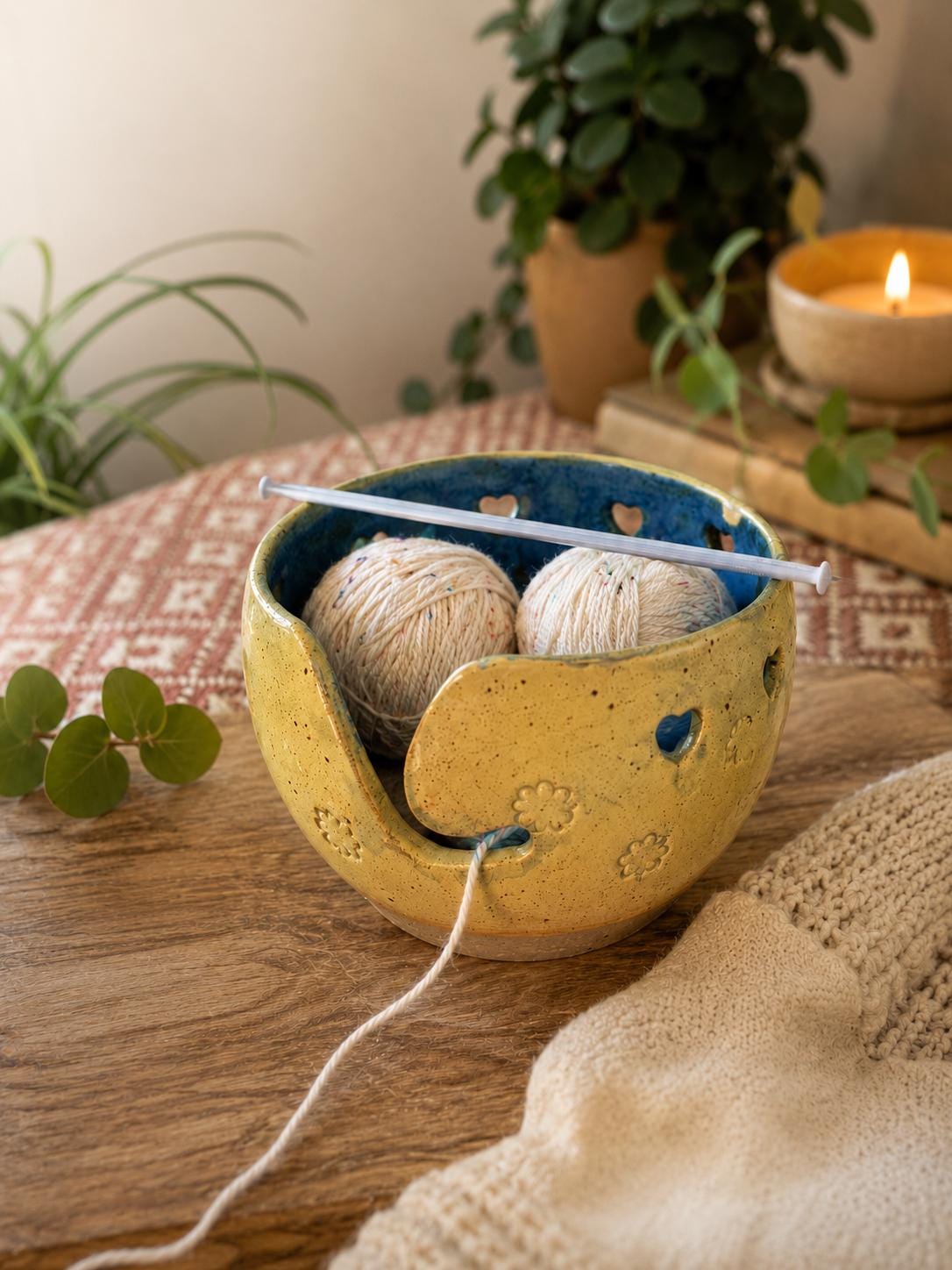 Handmade Yarn Bowl, Yellow & Blue Ceramic Knitting Bowl with Heart and Flower Design