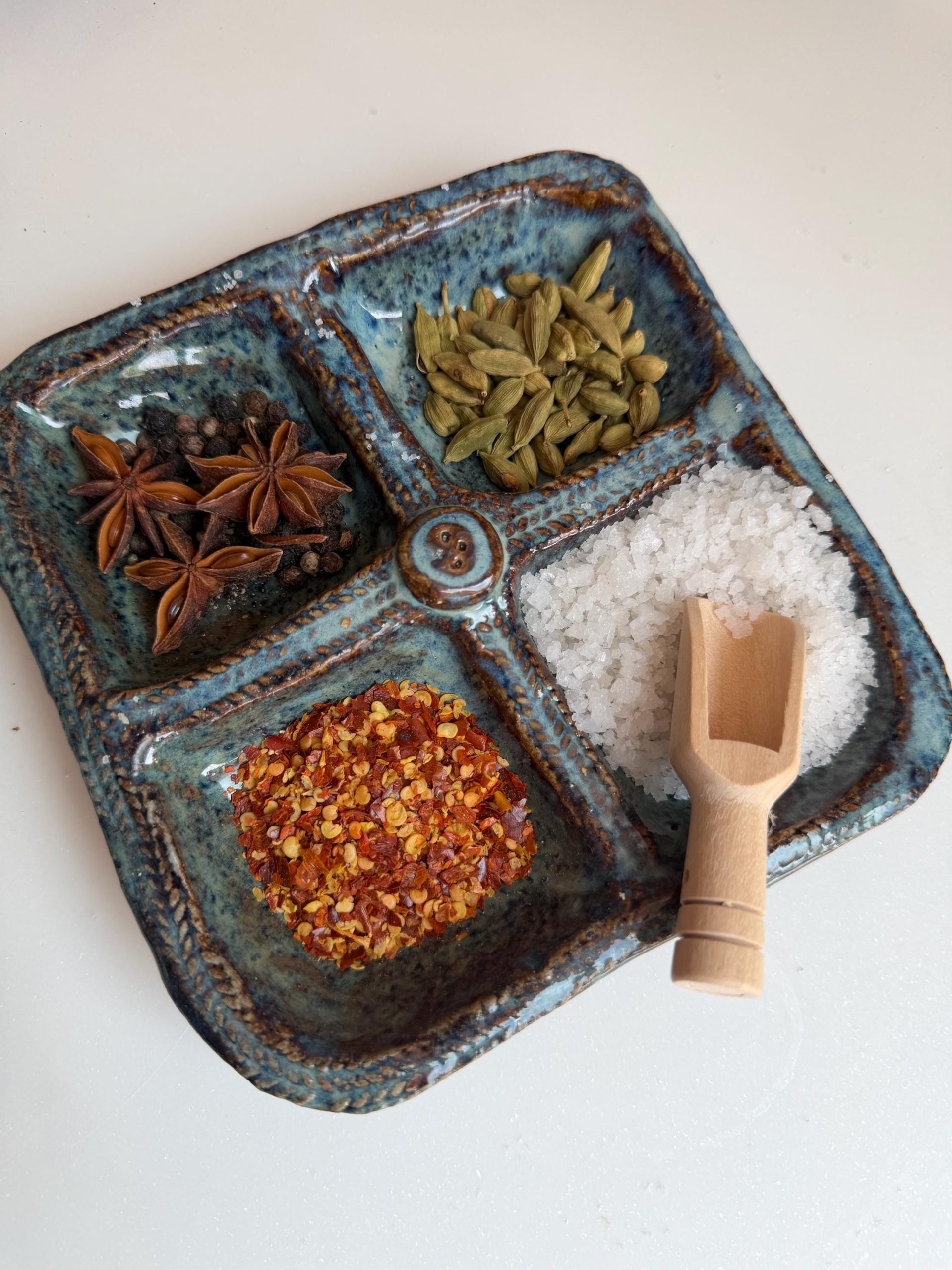 Handmade Blue Ceramic Serving Dish, Divided Appetizer Tray, Stoneware Snack & Dipping