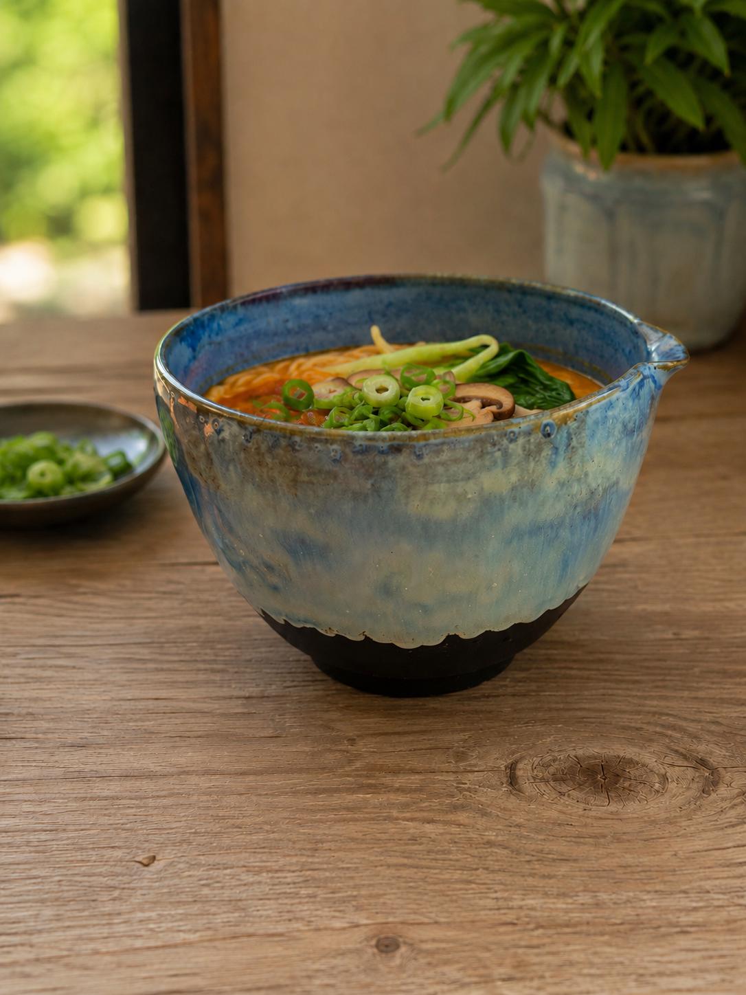 Hand Thrown Ramen, Noodle, soup, serving , mixing Bowl with chopsticks
