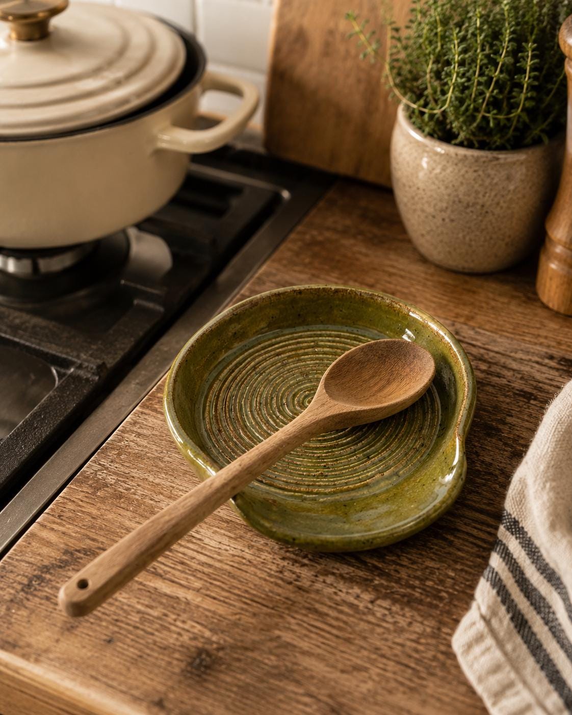 Handmade Spoon Rest | Wheel Thrown Stoneware olive green - Image 2