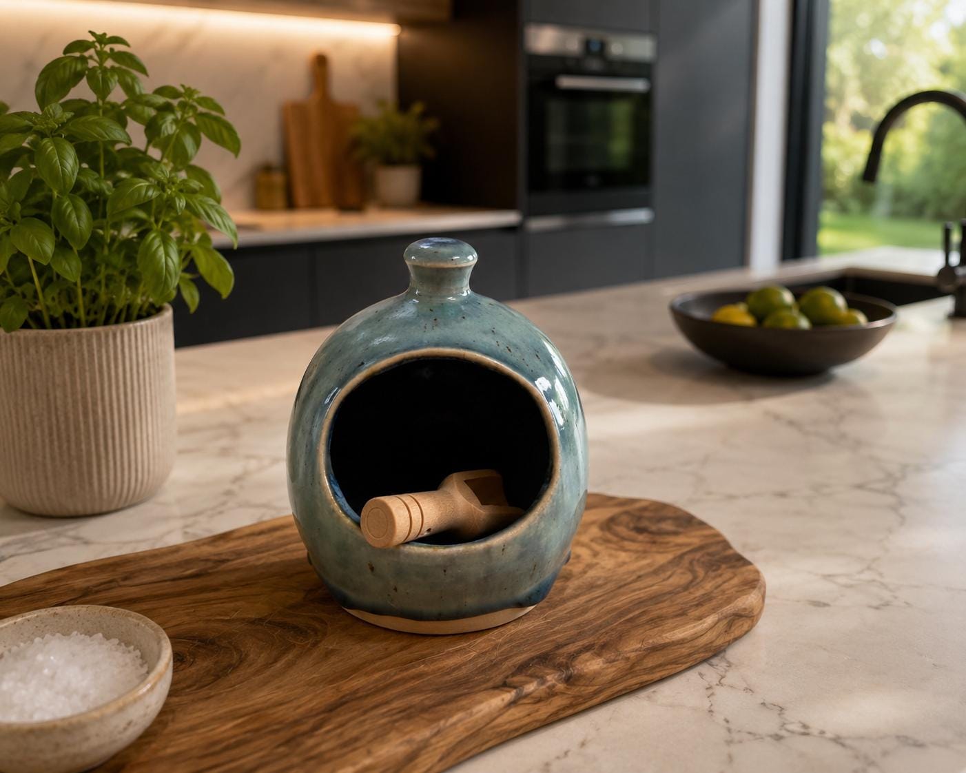 Handmade Ceramic Salt holder with Wooden Spoon, Stoneware Kitchen Holder