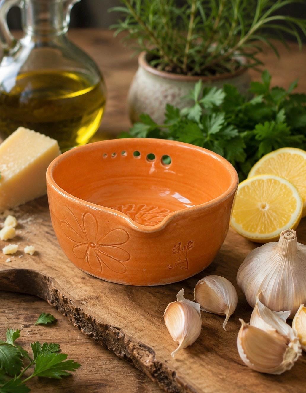 Handmade Ceramic Herb Stripper Garlic Grater Bowl, Kitchen Tool, Dressing Dish orange