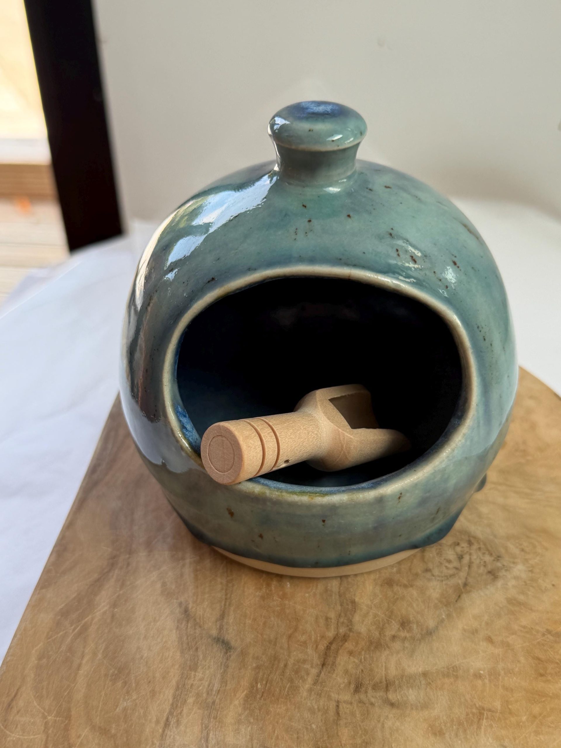 Handmade Ceramic Salt holder with Wooden Spoon, Stoneware Kitchen Holder - Image 2