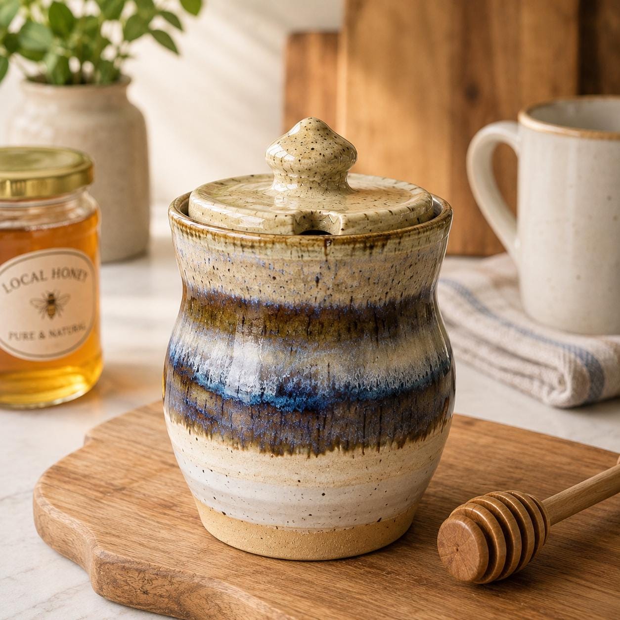Handmade Ceramic Honey Pot with Lid, Blue Stoneware Honey Jar