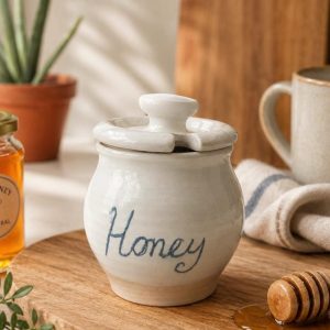 Handmade Ceramic Honey Pot with Lid, white  Stoneware Honey Jar