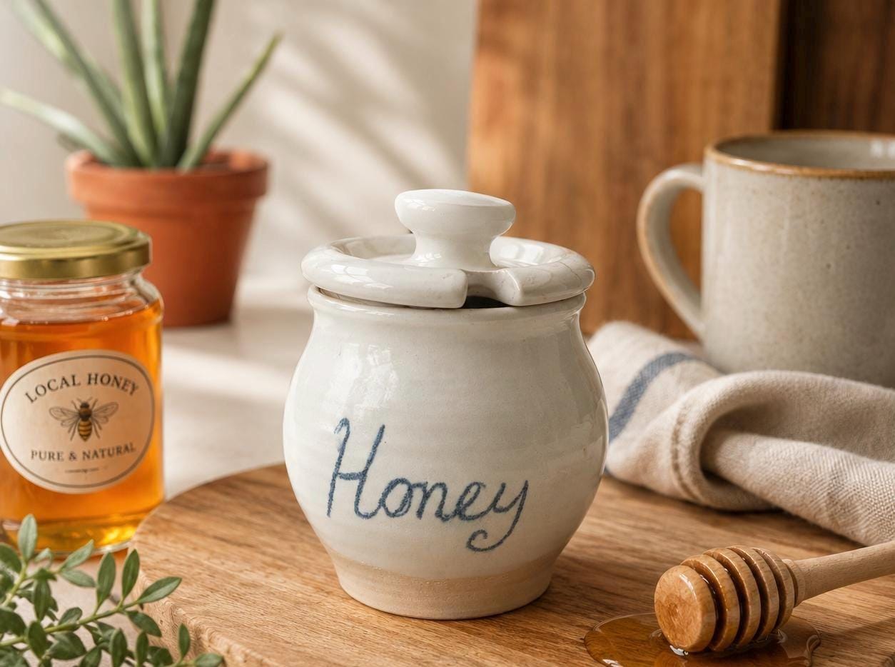 Handmade Ceramic Honey Pot with Lid, white Stoneware Honey Jar