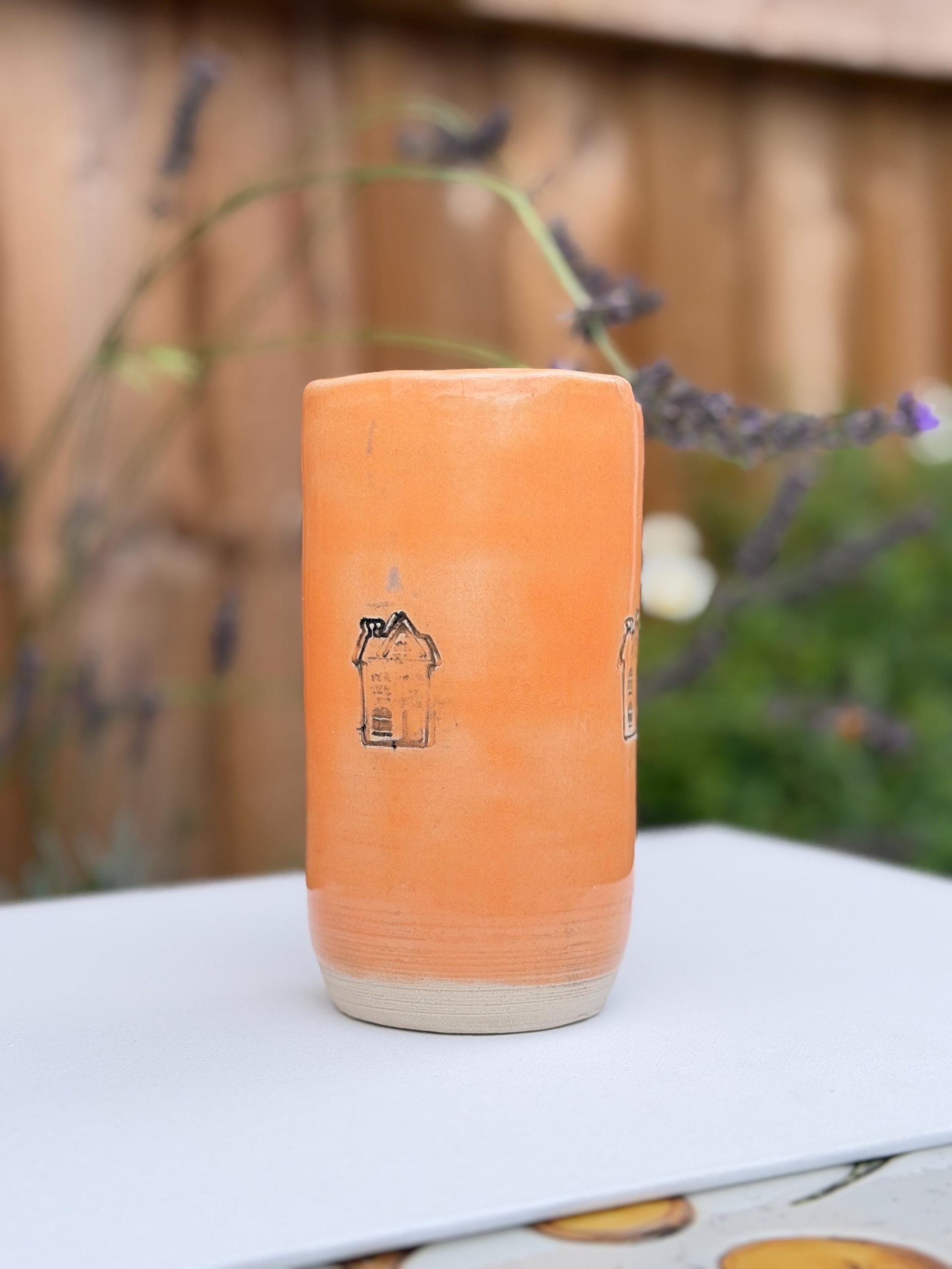 Handmade Ceramic Travel Mug with Metal Straw, Stoneware Reusable Coffee Cup 350ml orange house