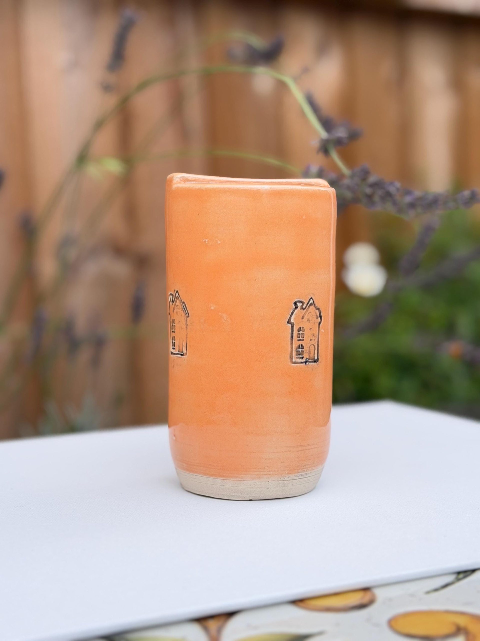 Handmade Ceramic Travel Mug with Metal Straw, Stoneware Reusable Coffee Cup 350ml orange house - Image 3