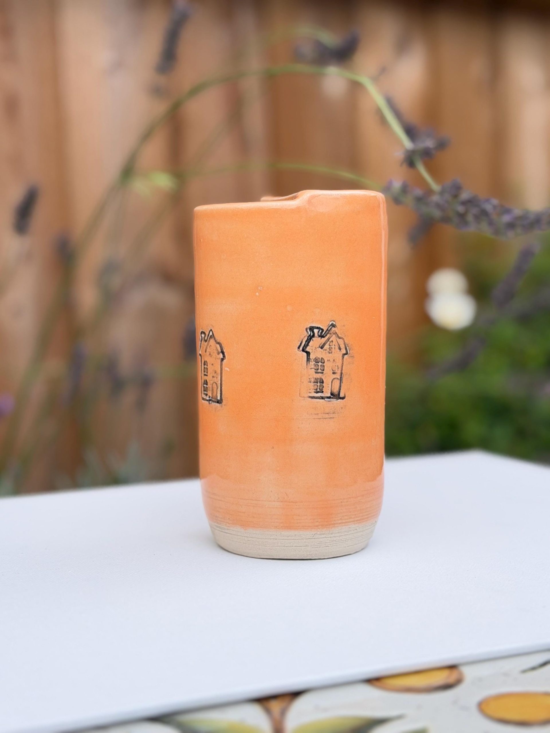 Handmade Ceramic Travel Mug with Metal Straw, Stoneware Reusable Coffee Cup 350ml orange house - Image 7
