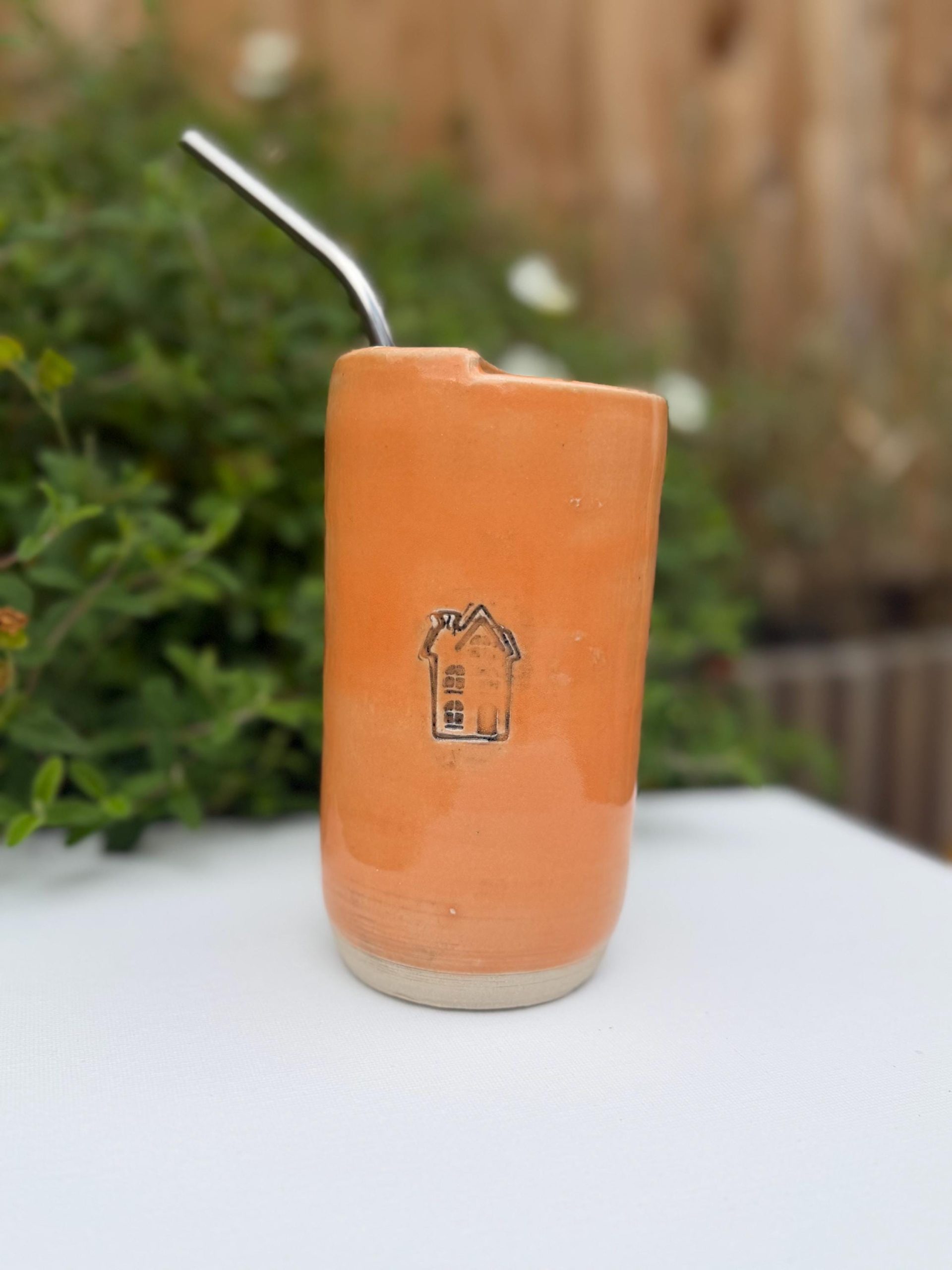 Handmade Ceramic Travel Mug with Metal Straw, Stoneware Reusable Coffee Cup 350ml orange house - Image 12