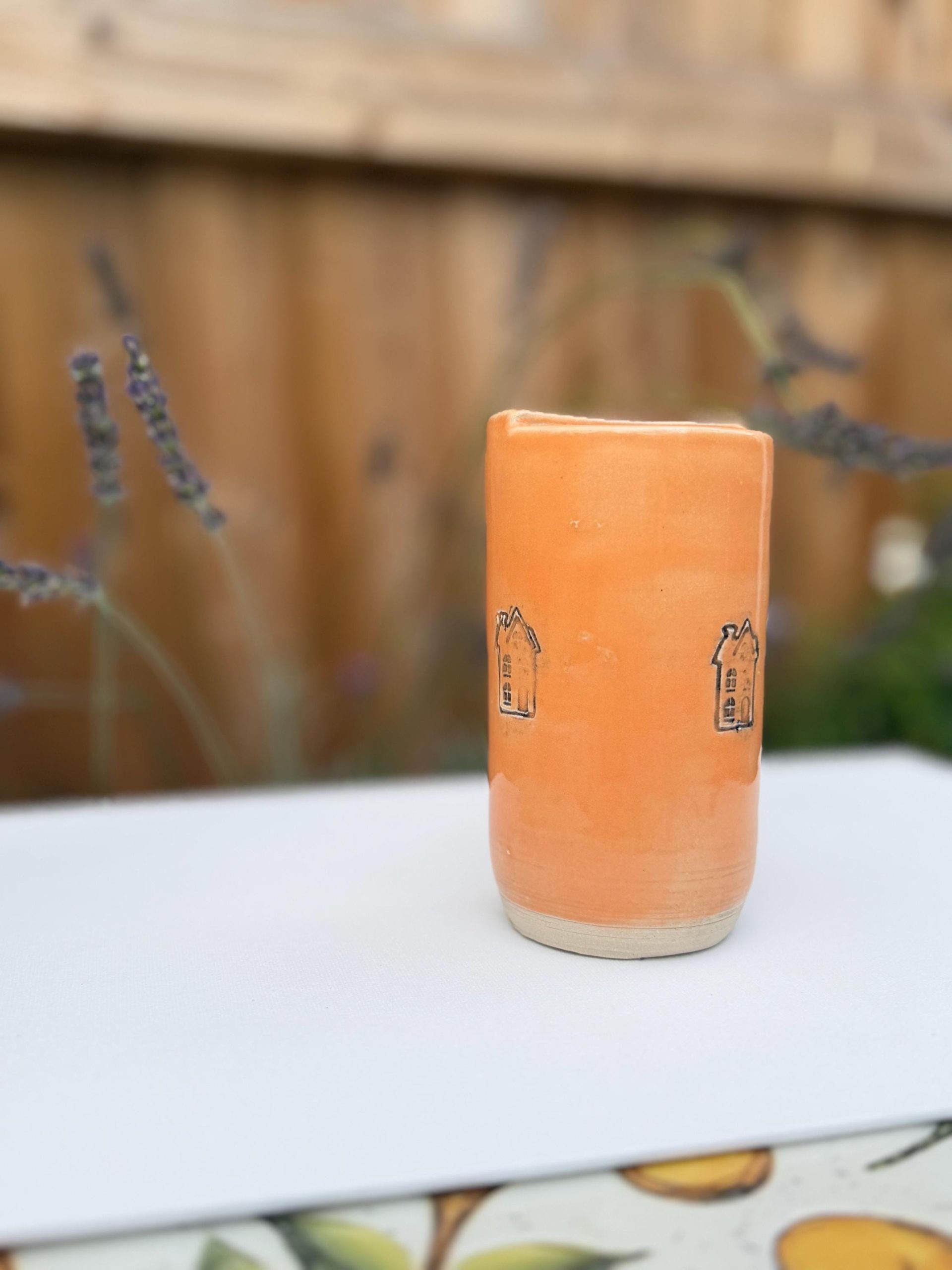 Handmade Ceramic Travel Mug with Metal Straw, Stoneware Reusable Coffee Cup 350ml orange house - Image 10