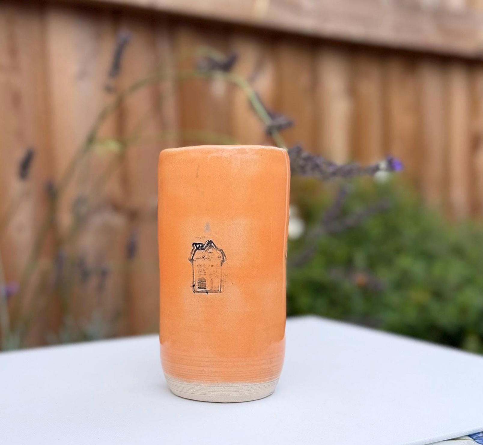 Handmade Ceramic Travel Mug with Metal Straw, Stoneware Reusable Coffee Cup 350ml orange house - Image 9
