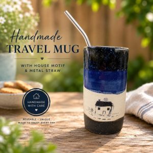 Handmade Ceramic Travel Mug with House Motif, Reusable with Metal Straw