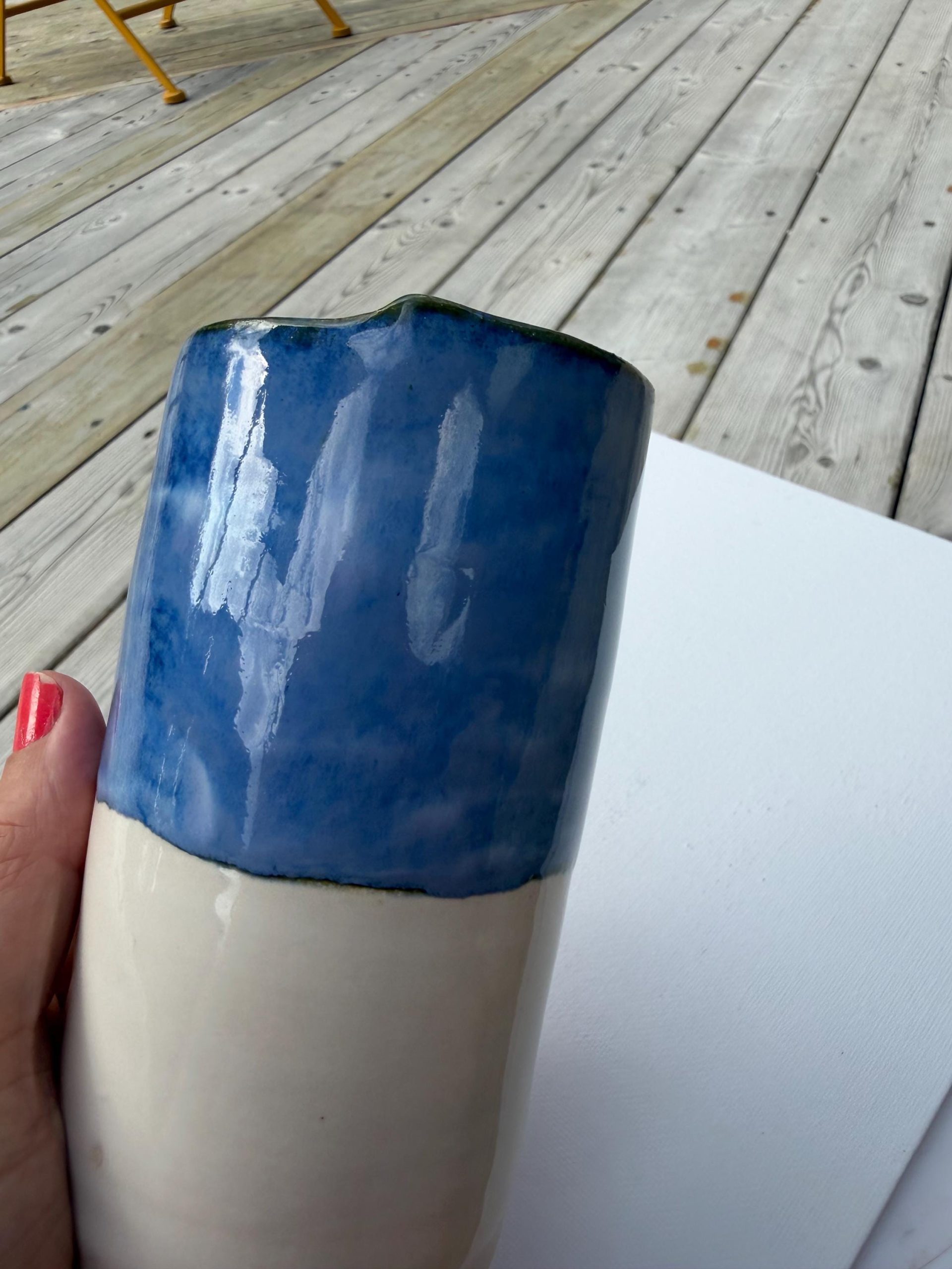 Handmade Blue Ceramic Travel Mug with House Motif & Metal Straw - Image 7