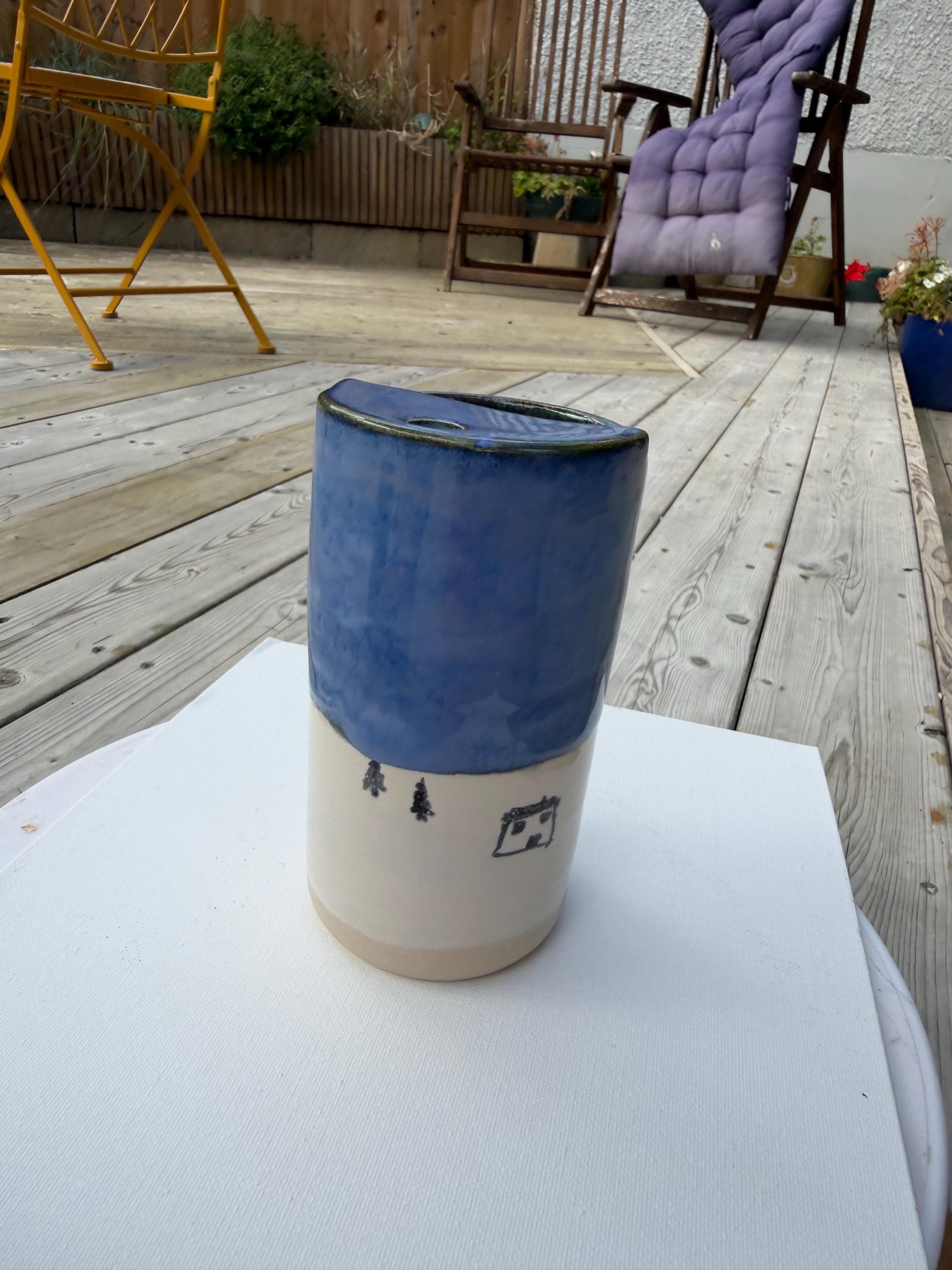 Handmade Blue Ceramic Travel Mug with House Motif & Metal Straw - Image 5