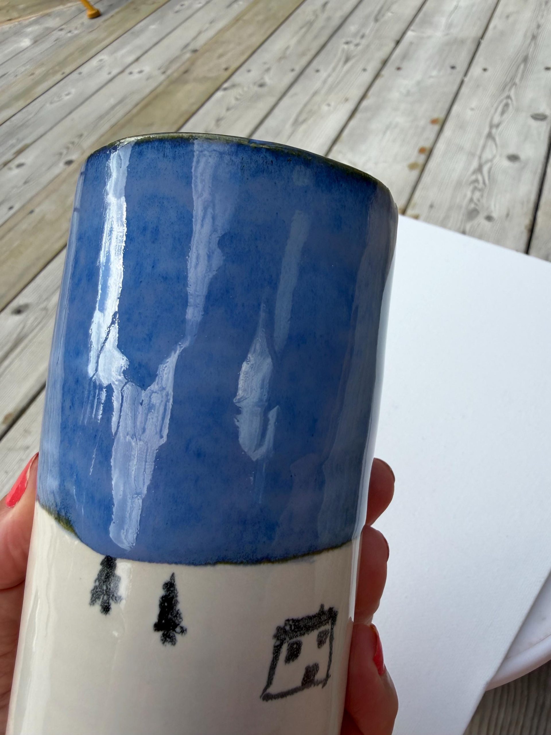 Handmade Blue Ceramic Travel Mug with House Motif & Metal Straw - Image 6