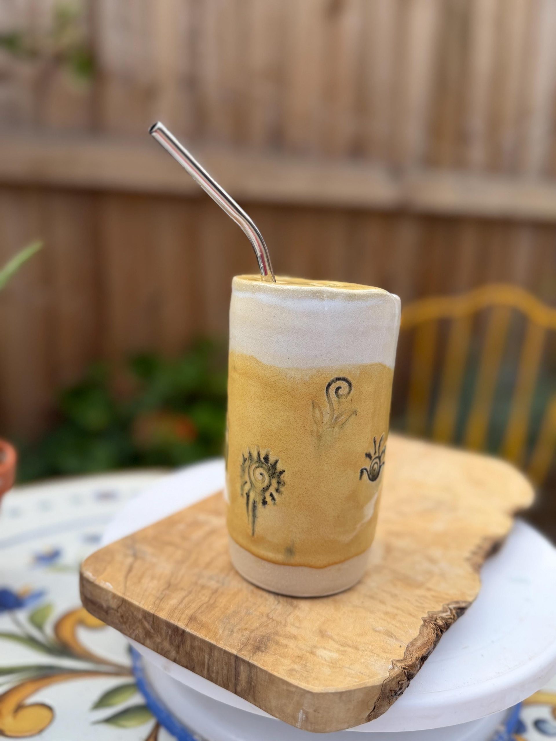 Handmade Ceramic Travel Mug with Metal Straw, Stoneware Reusable Coffee Cup 350ml yellow sun - Image 11