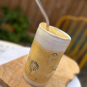 Handmade Ceramic Travel Mug with Metal Straw, Stoneware Reusable Coffee Cup 350ml yellow sun